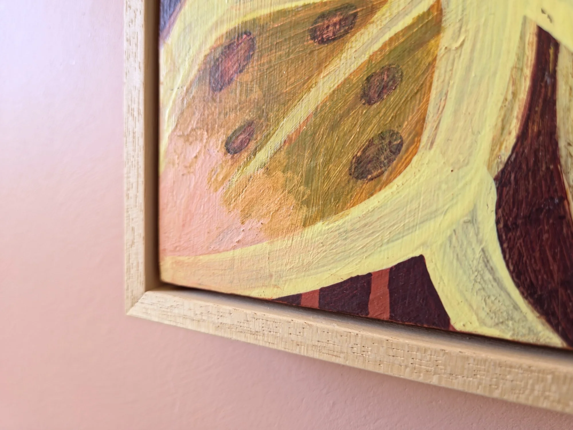 detail of botanical painting in pinks, yellows and browns