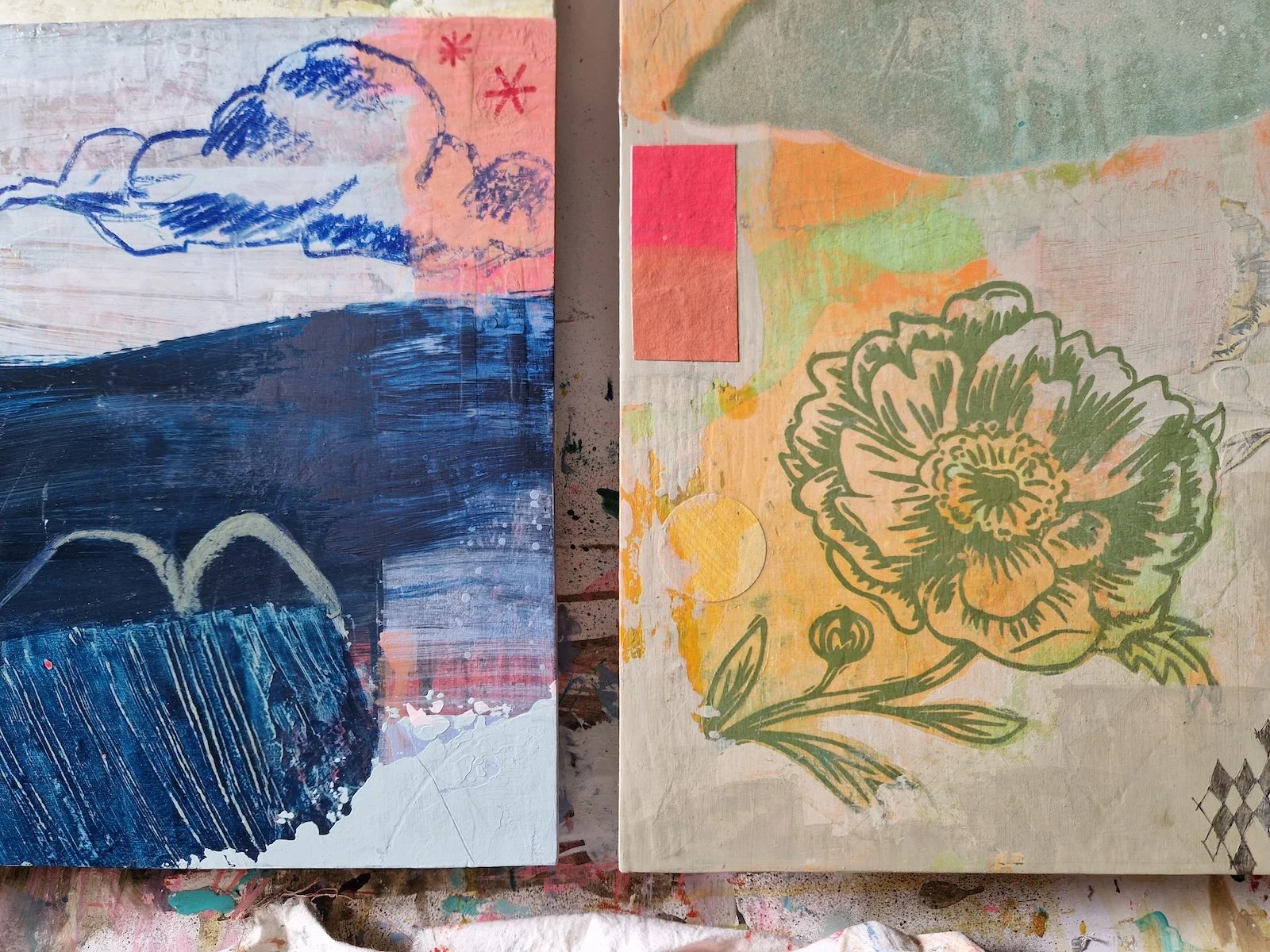 Side-by-side images of artwork on . The left features a blue and pink abstract landscape, including clouds, a mountain, and a body of water. The right depicts a line drawing of a large flower with leaves against an abstract pastel background with a pink rectangle, and circles.