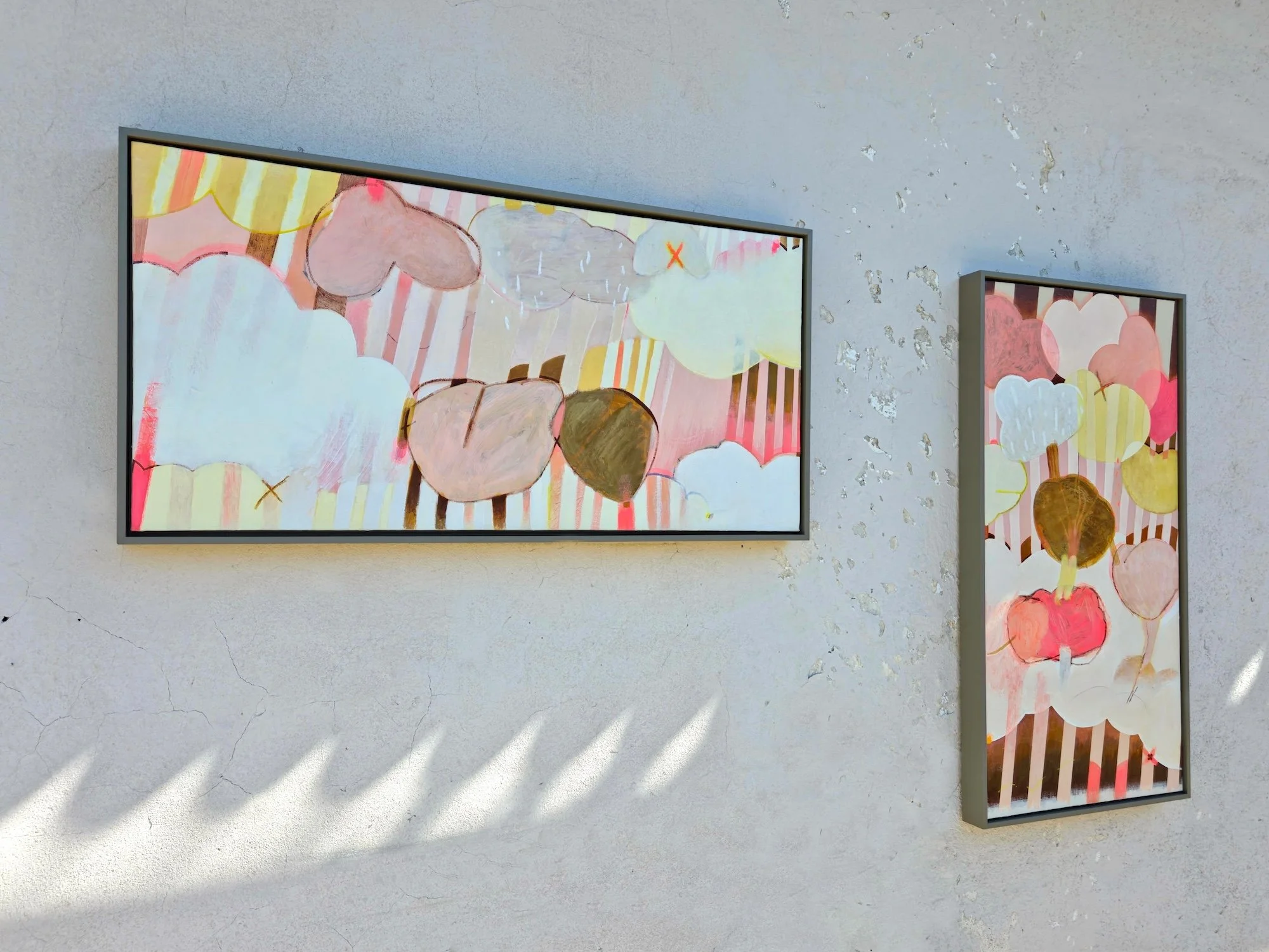 two framed botanical paintings with colourful striped background