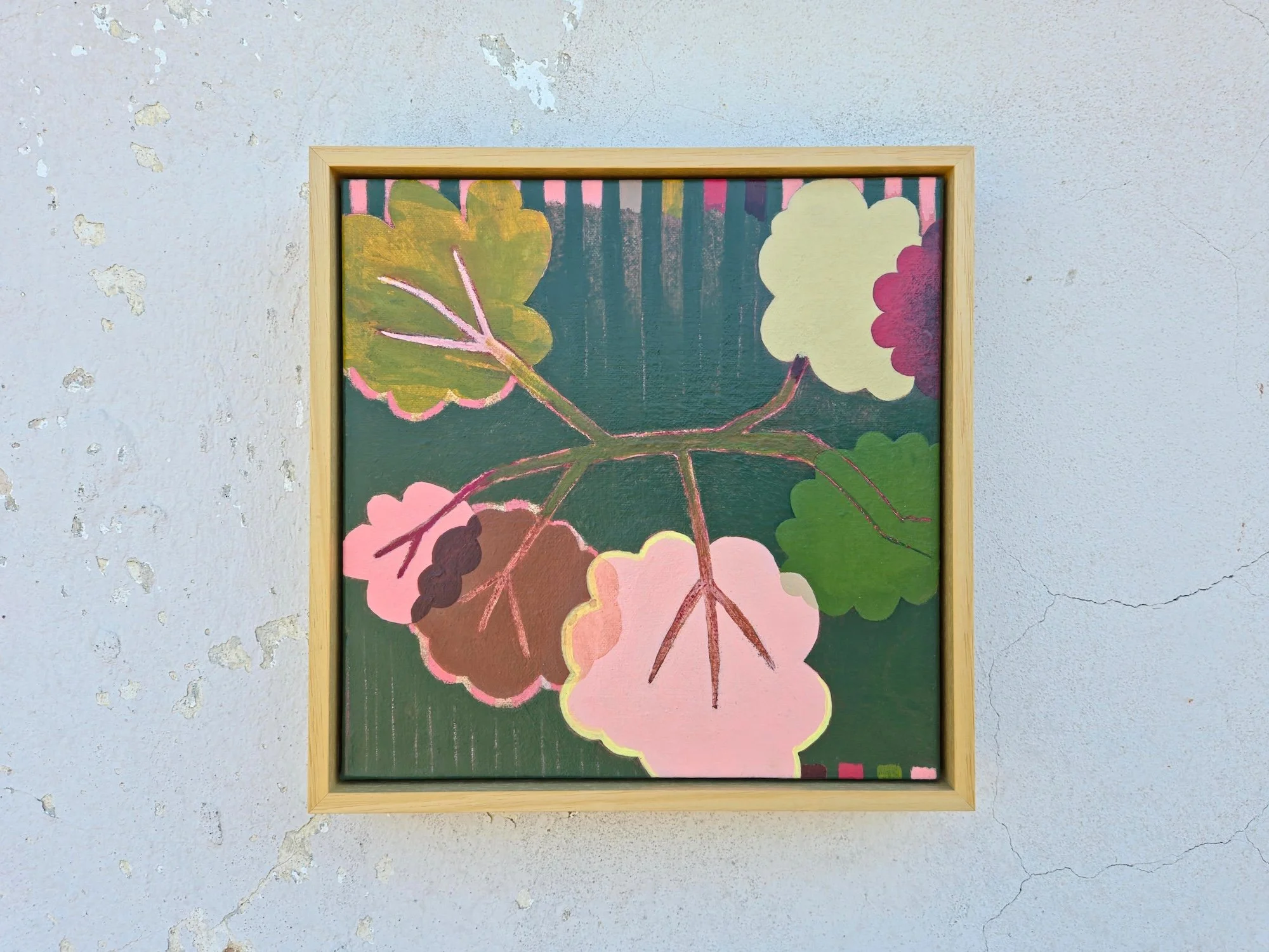framed botanical painting in pinks and greens