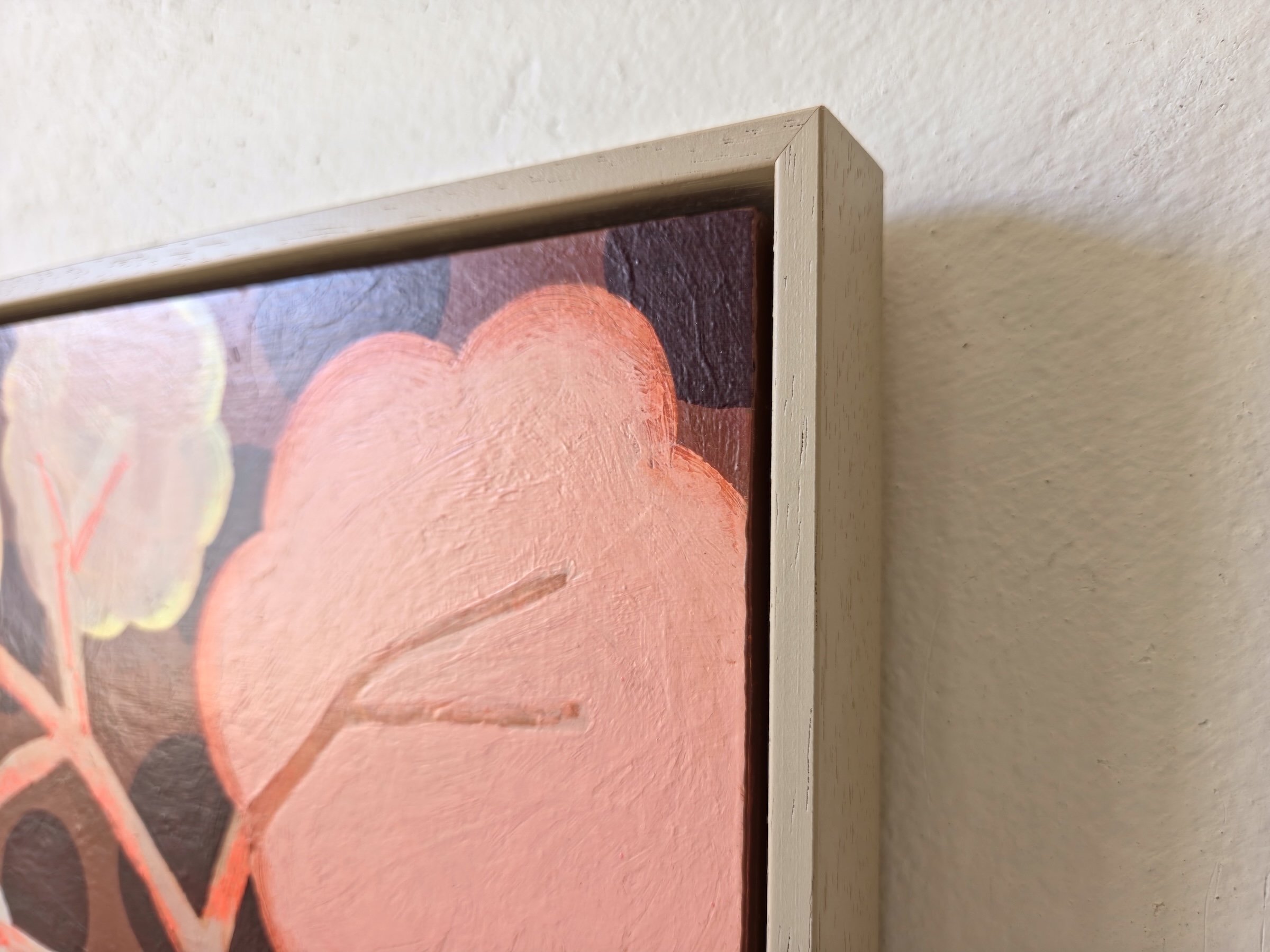 detail of botanical painting in pinks, beige and browns