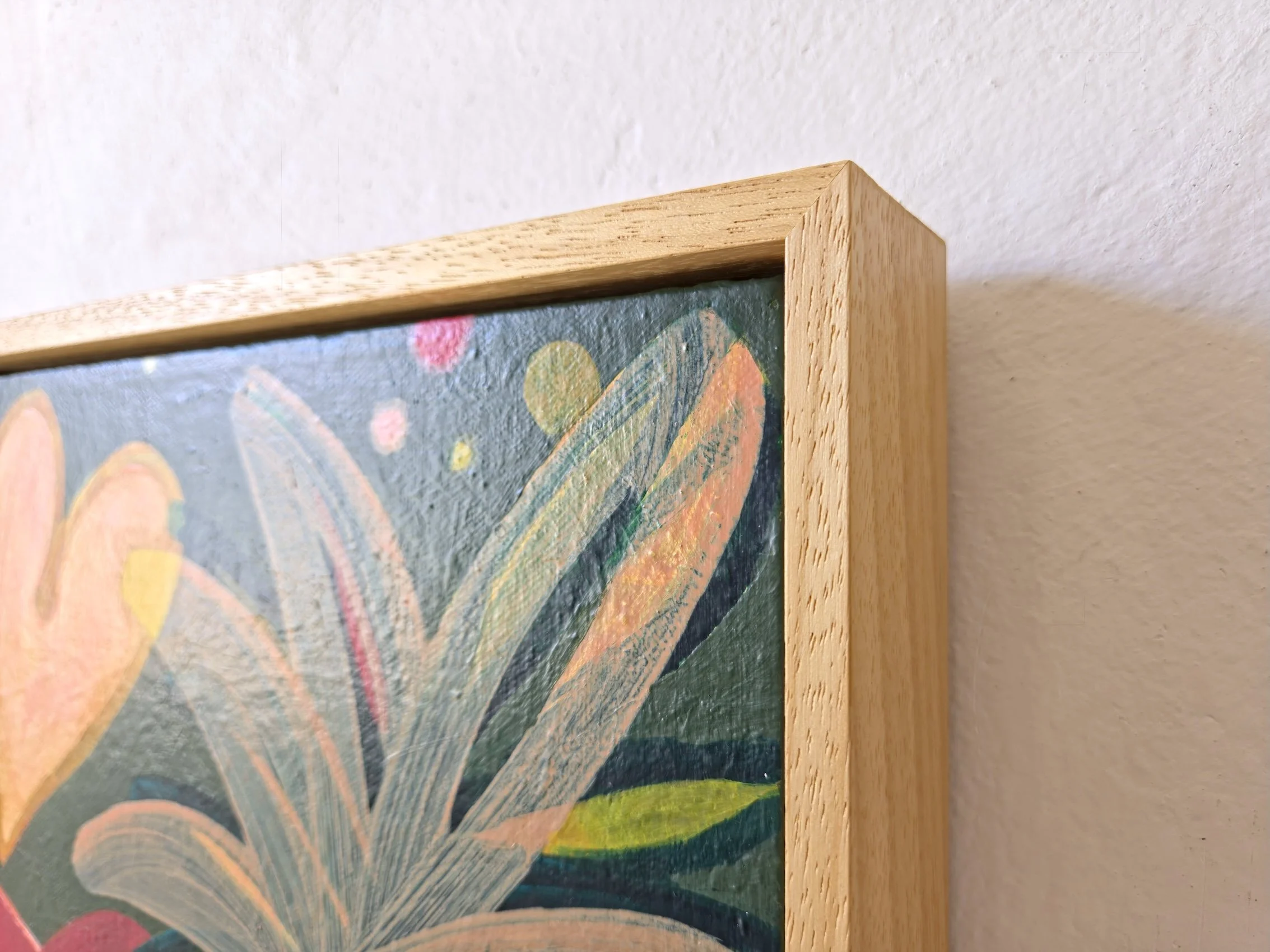 framed botanical painting in red, browns and greens, detail