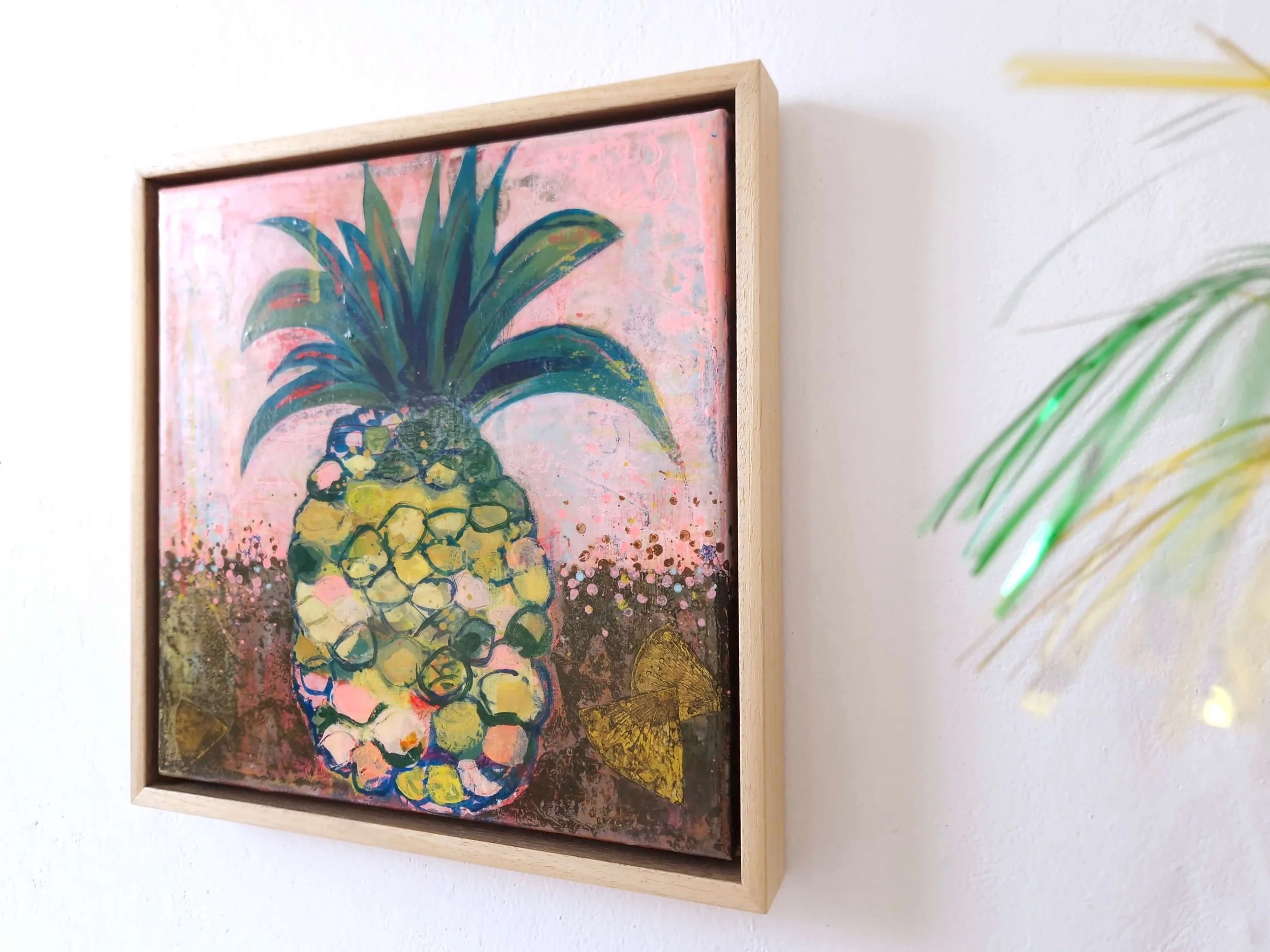 cheerful abstract painting of a colourful pineapple, angled view