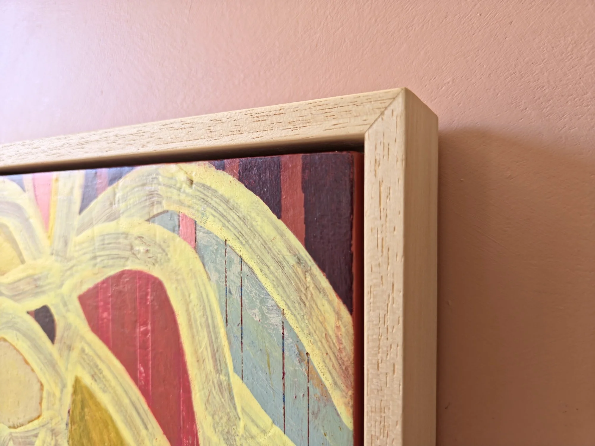 framed botanical painting in vibrant colours with a striped background, detail