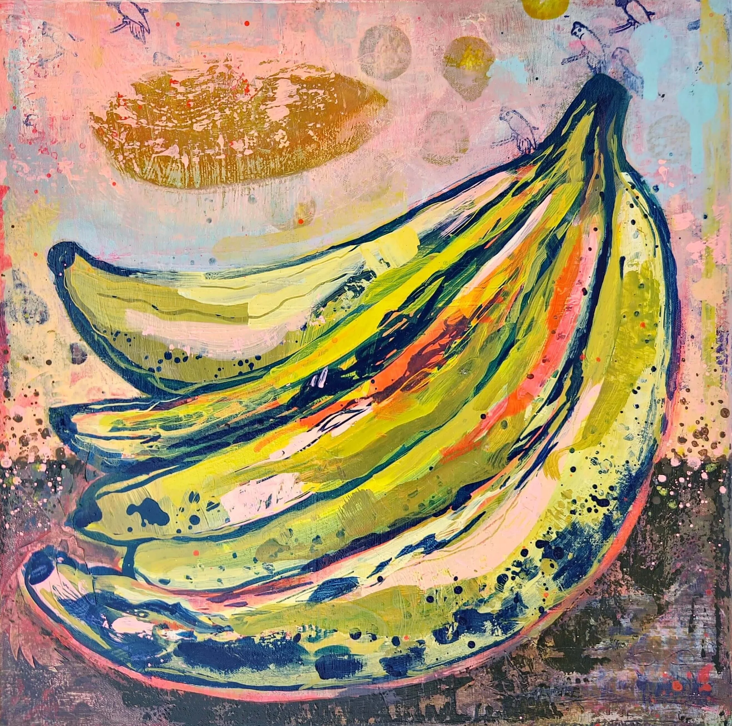 colourful abstract painting of vibrant bananas