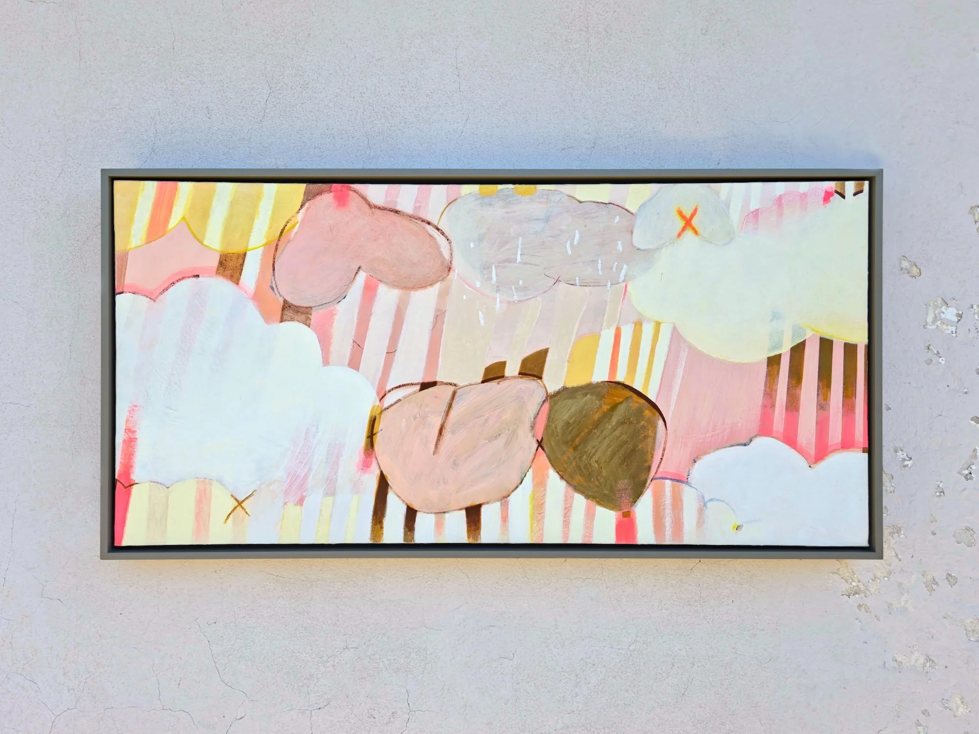 framed botanical painting with colourful striped background