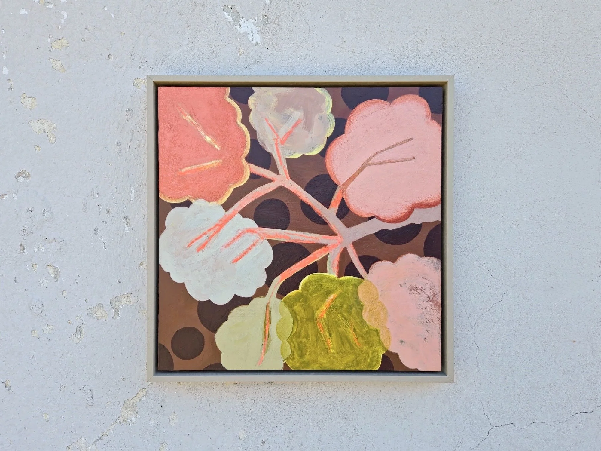 framed botanical painting in pinks, beige and browns