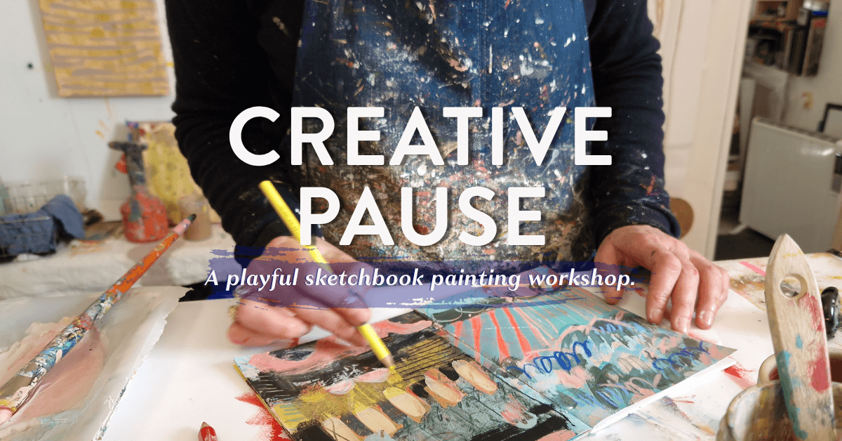 ad for a workshop called "creative pause" with a photo of an artist hands painting in a sketchbook and some text over it