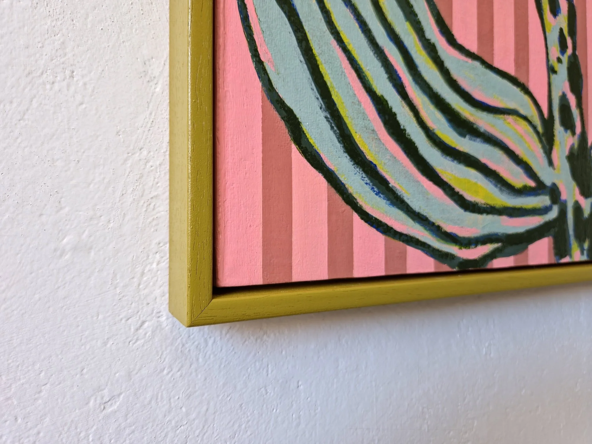 detail of botanical painting with pink striped background