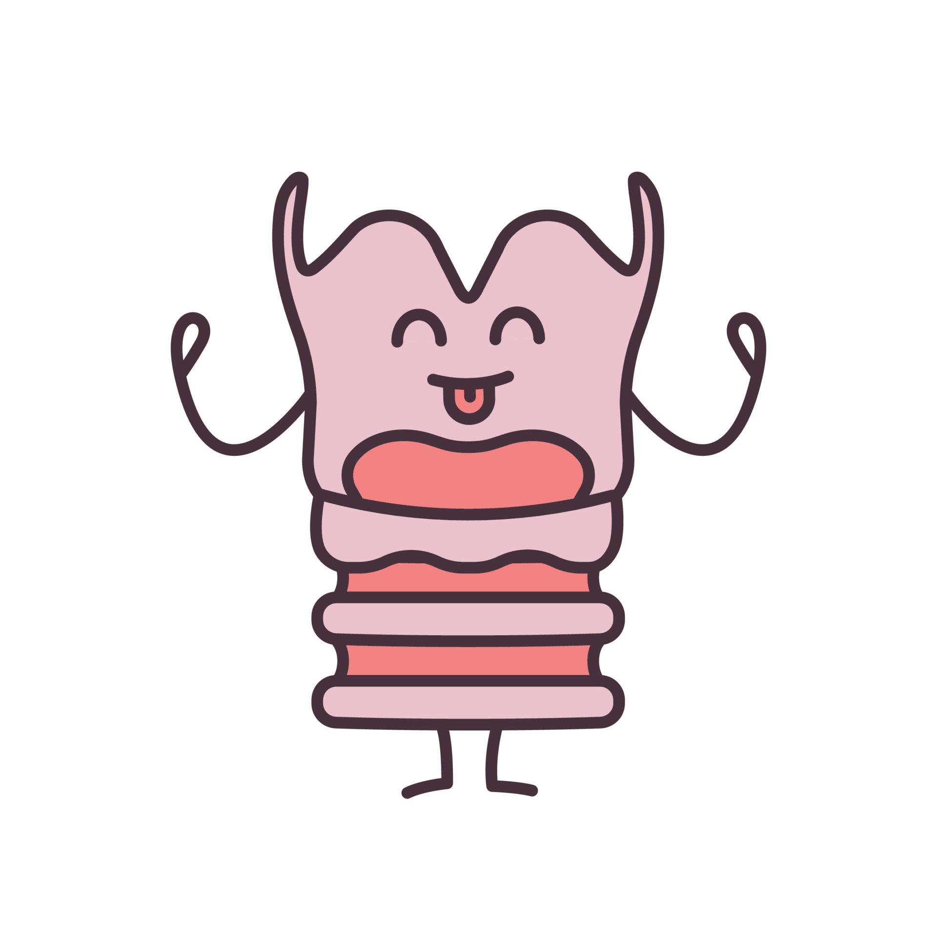 A cute cartoon character with a pink body, smiling face with eyes closed and sticking out tongue, raised arms, and a layered, pink and red striped skirt.