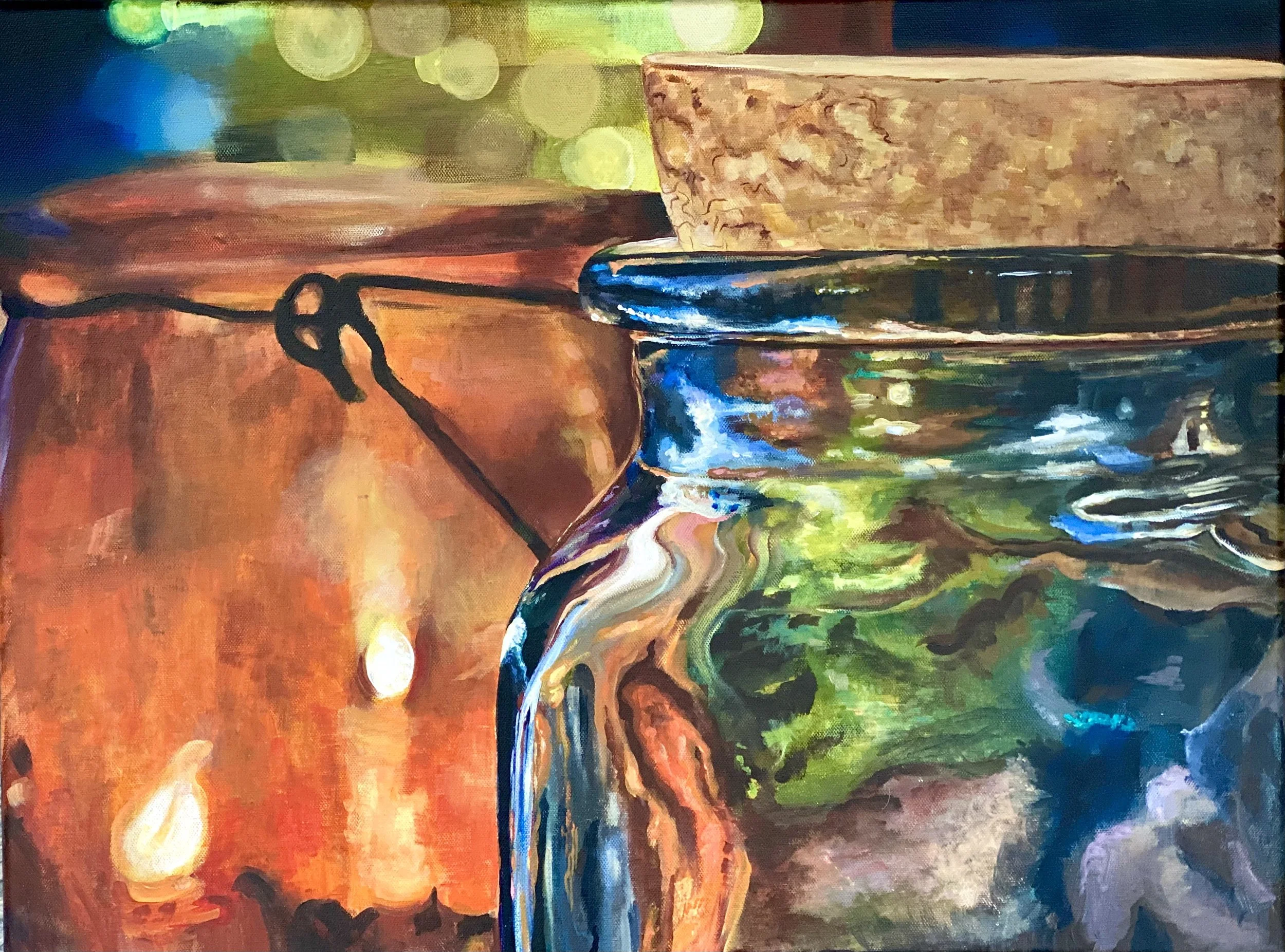 Jar candle painting with warm glow and radiant light.