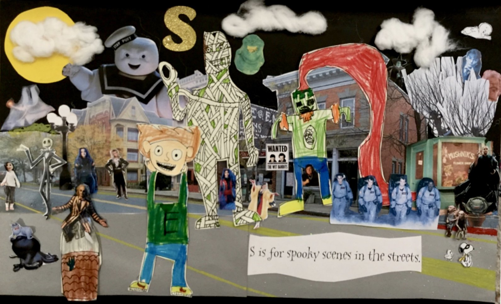 "S is for spooky in the streets" 2-D mixed media Halloween Collage - Grades K,  2 & Teacher 