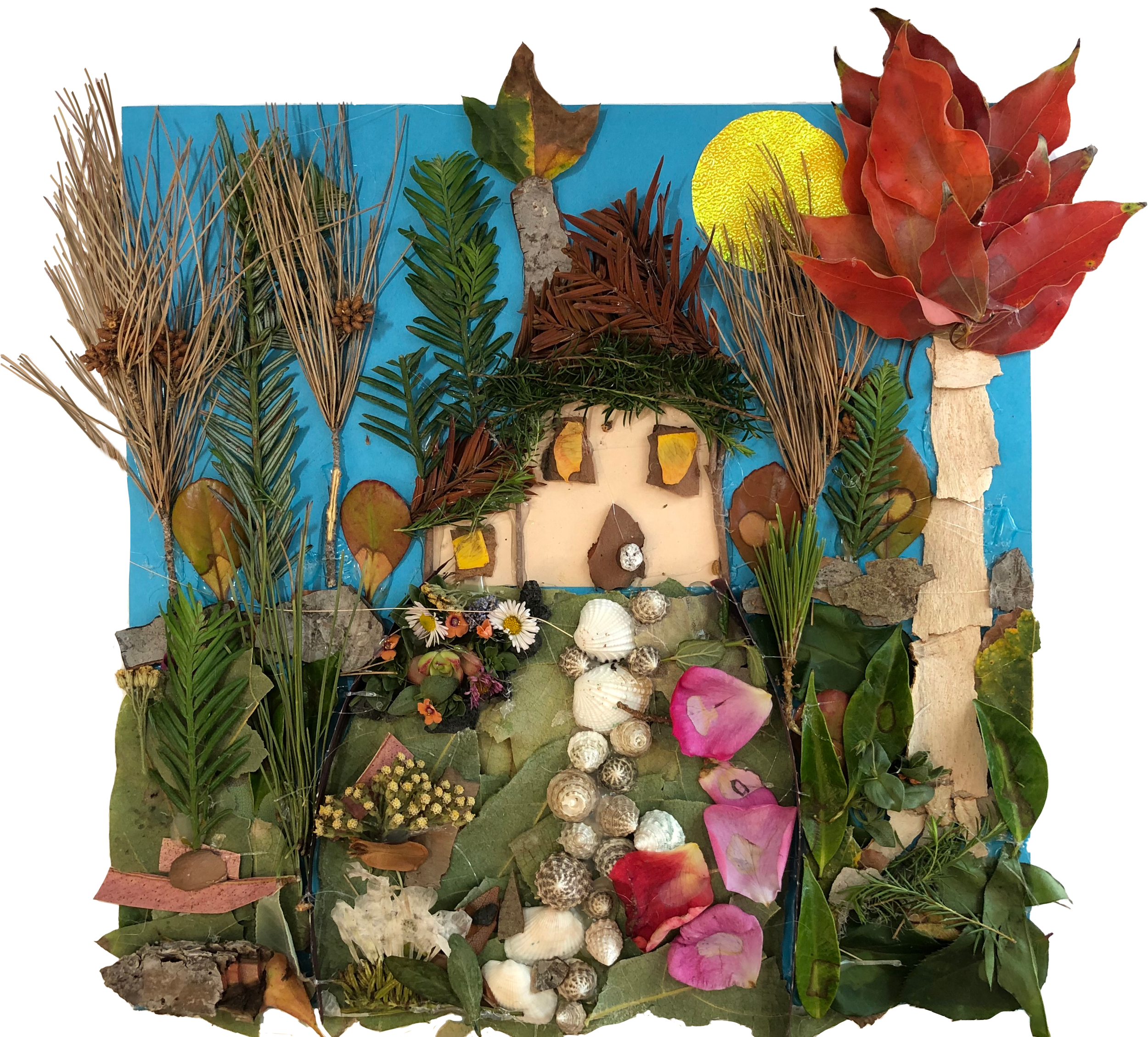 "Whimsical Forest Escape"
natural materials: seashells, fallen leaves, pine needles, tree bark, flower petals & sticks-Gr. 2