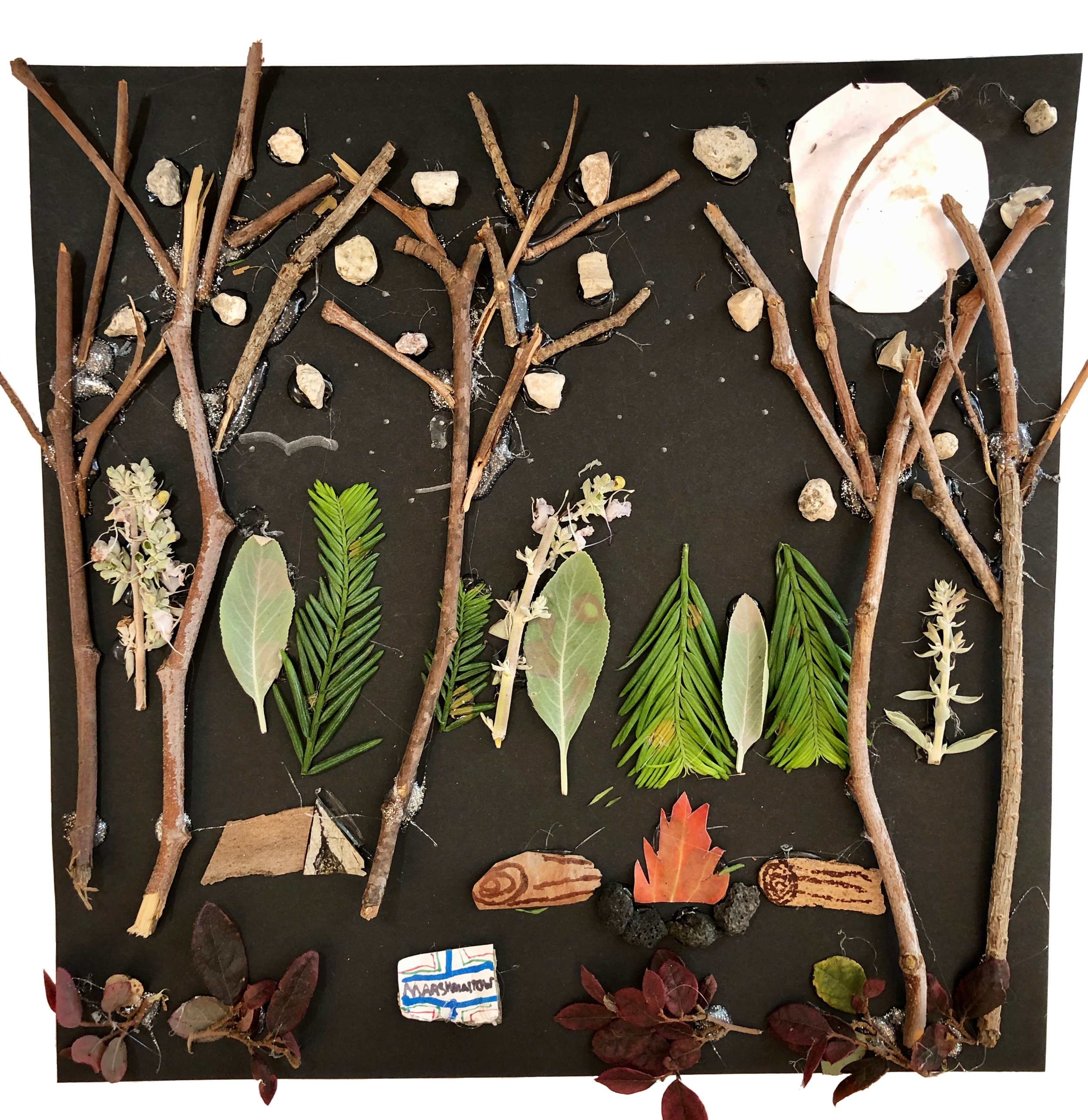 "Cozy Campsite"
natural materials: sticks, flowers, fallen leaves, pebbles & pine branches-Gr. 4