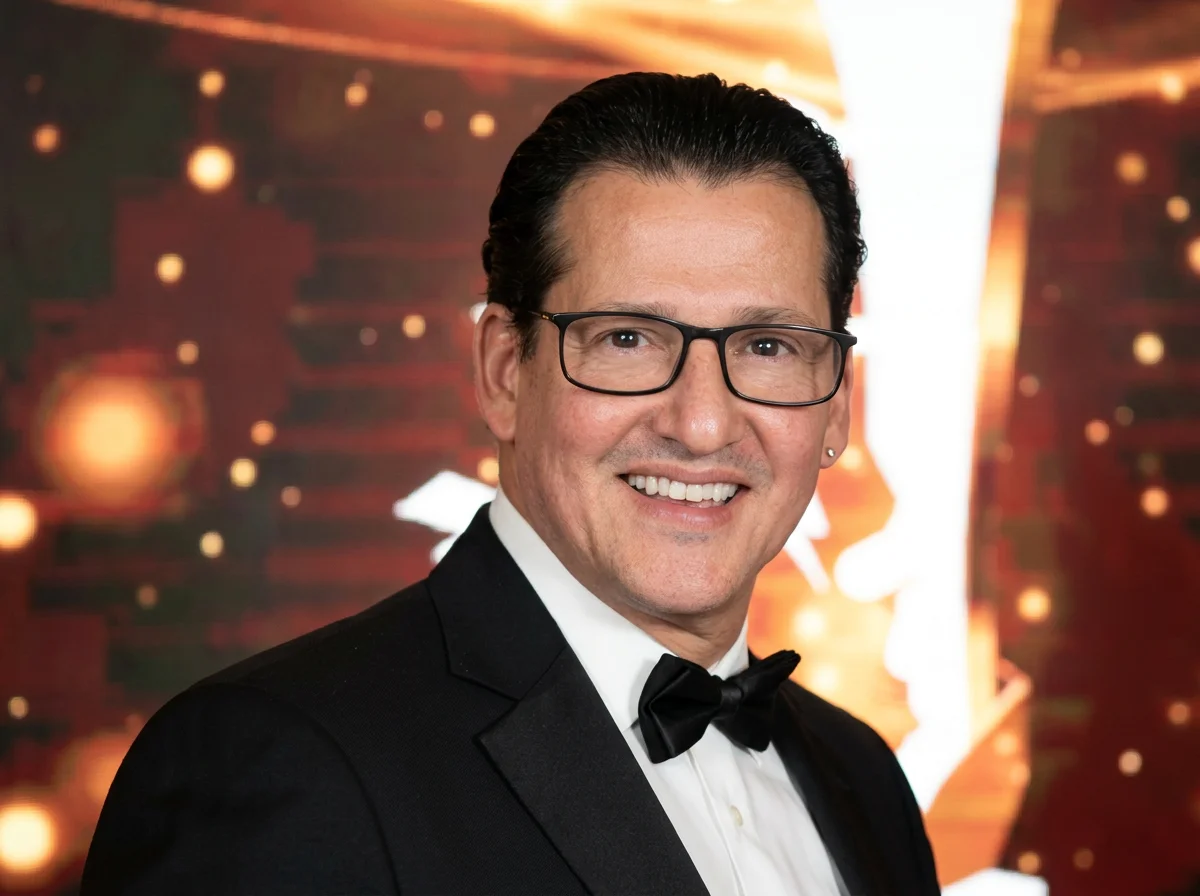 Smiling man with glasses wearing a tuxedo and bow tie, at a formal event with blurred, festive background lights.