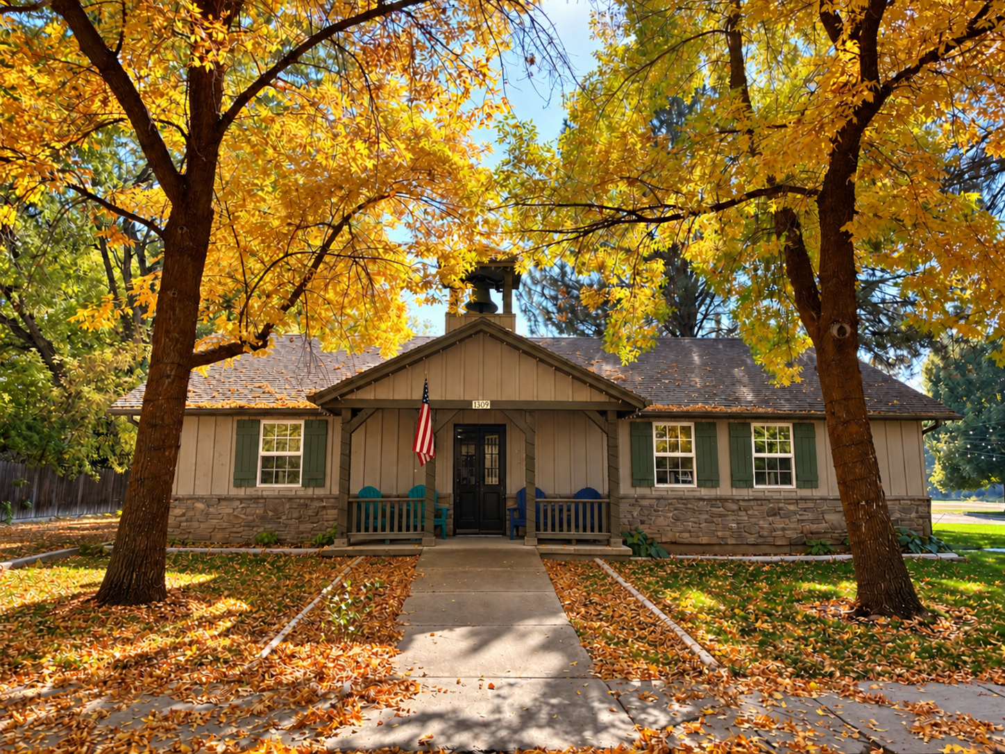 Historic Old Town Hall exterior in autumn in Huntsville, Utah, an intimate Ogden Valley wedding venue near Pineview Reservoir and Snowbasin.