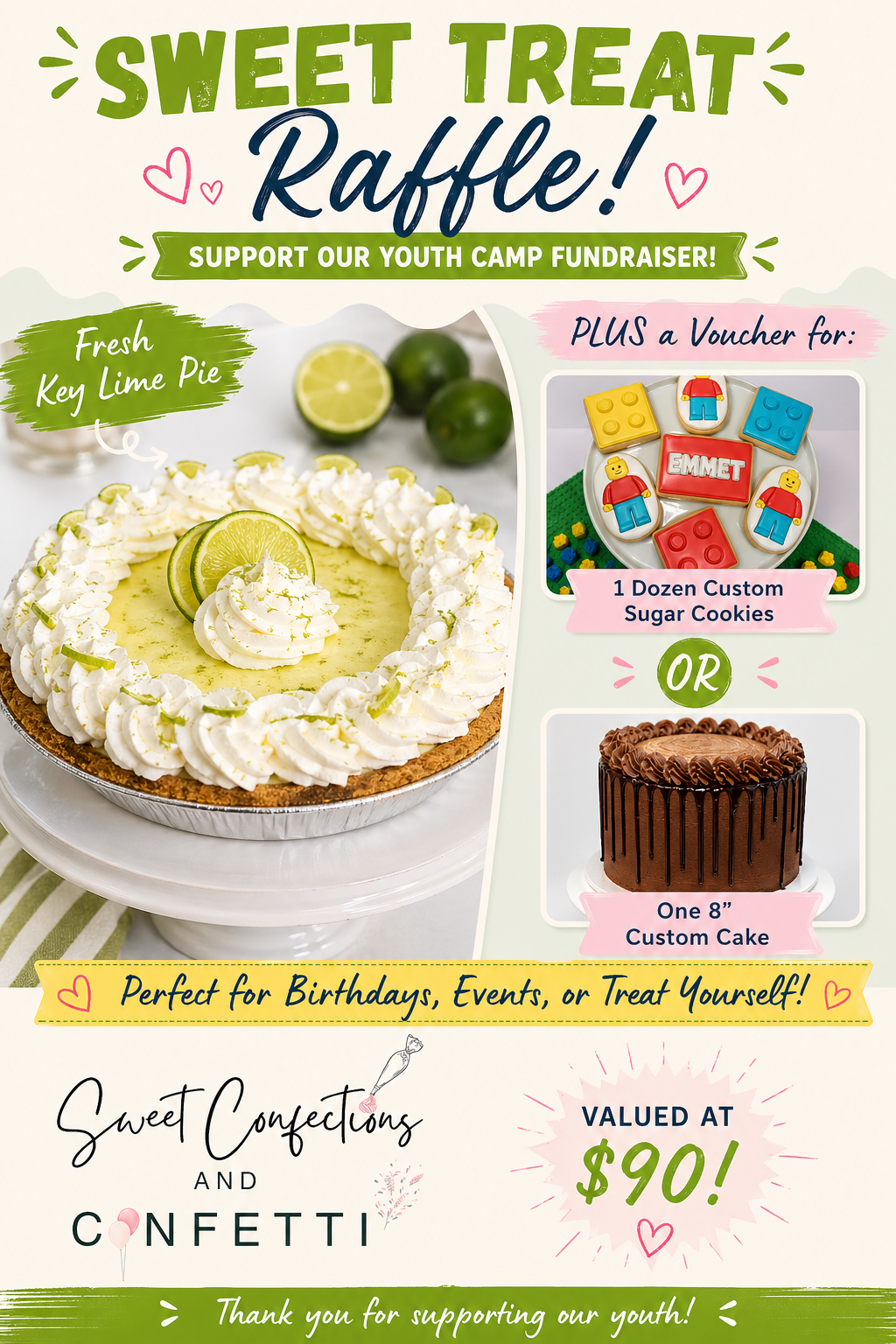 Flyer for a sweet treat raffle supporting youth camp fundraiser featuring a key lime pie and options to win custom sugar cookies or an 8-inch cake.