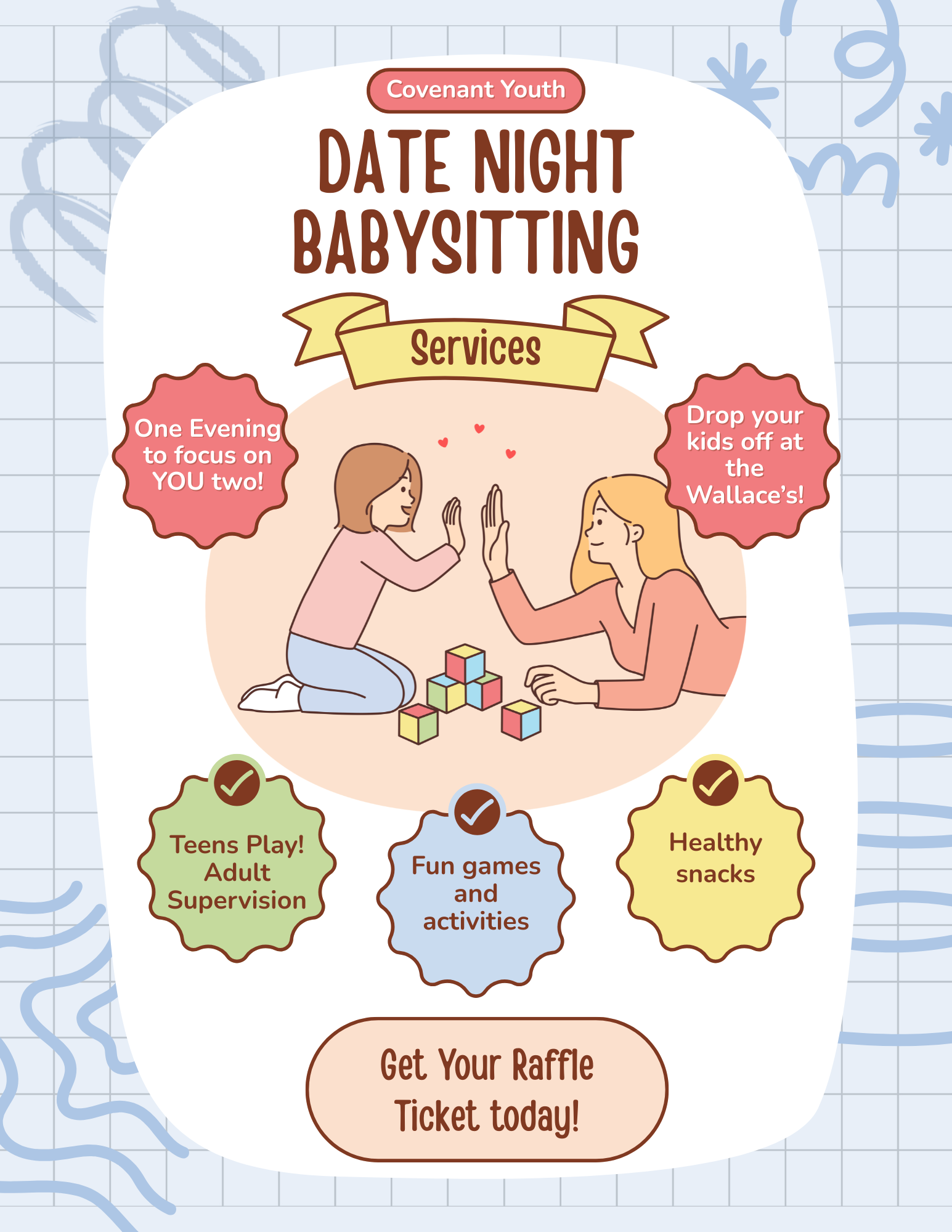 Flyer for Covenant Youth event titled 'Date Night Babysitting Services' featuring an illustration of two women giving each other a high five. Highlights of the event include one evening for couples, drop-off options for kids, teens play, adult supervision, fun activities, healthy snacks, and a raffle ticket promotion.