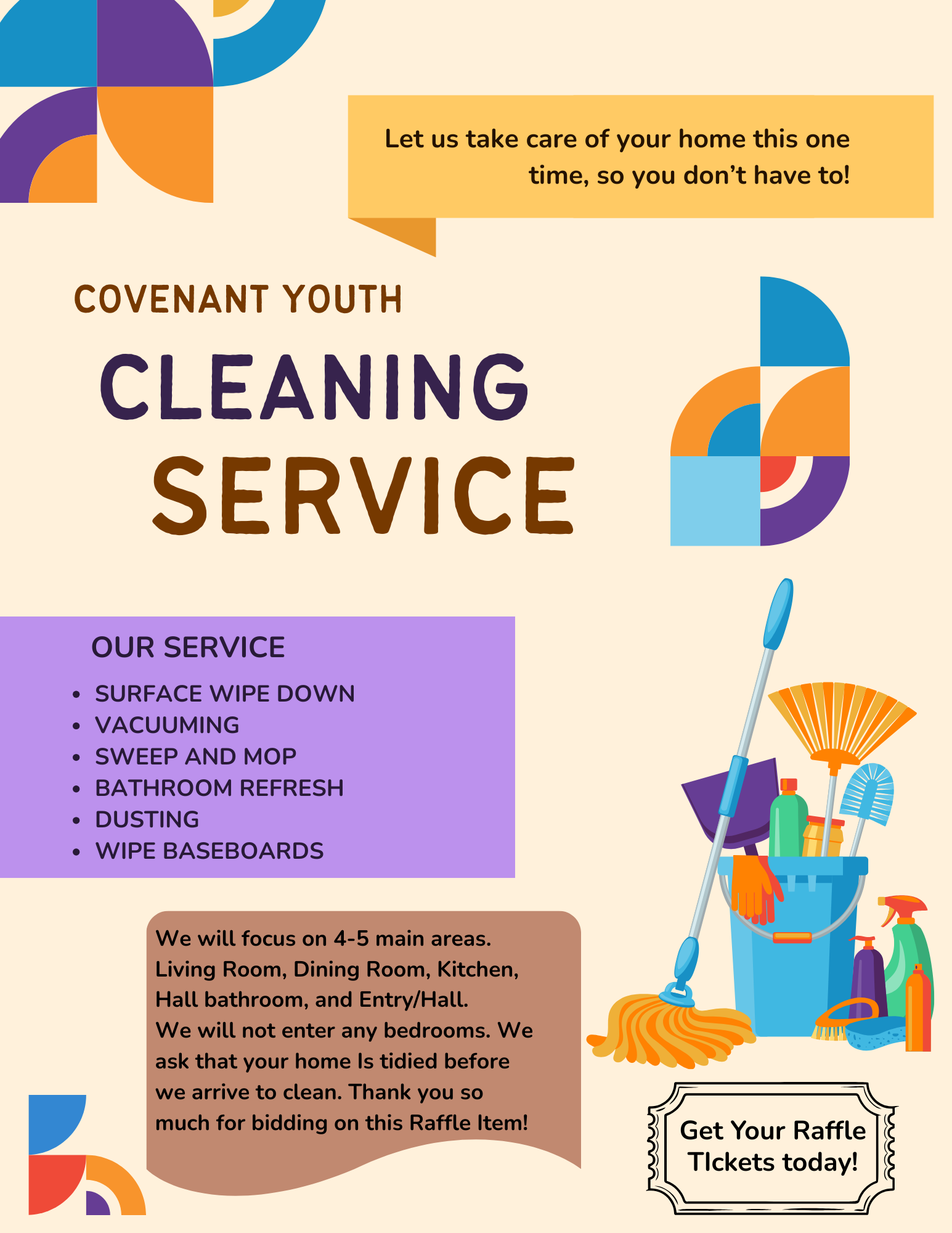 Flyer for Covenant Youth Cleaning Service with colorful geometric design and gardening tools, including a bucket, mop, broom, and spray bottles, alongside text about cleaning services and ticket sales for a raffle.