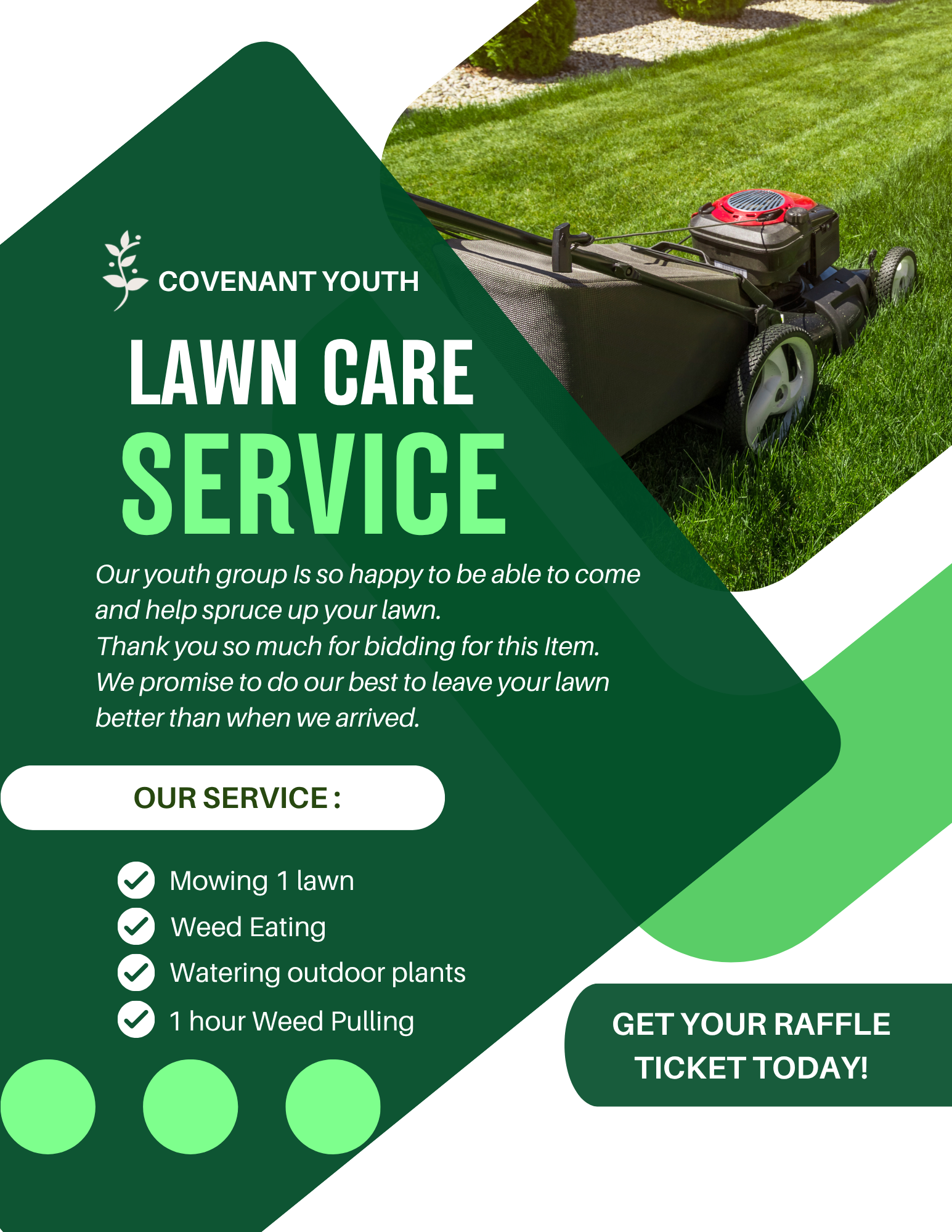A promotional flyer for Covenant Youth Lawn Care Service featuring a lawn mower on a well-manicured lawn, with text about services offered such as mowing, weed eating, watering, weed pulling, and leaf cleanup. It also advertises a raffle ticket opportunity.