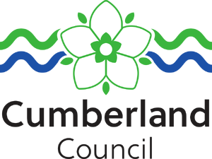 Cumberland Council logo featuring a stylized white flower with green leaves and a blue and green wavy background.