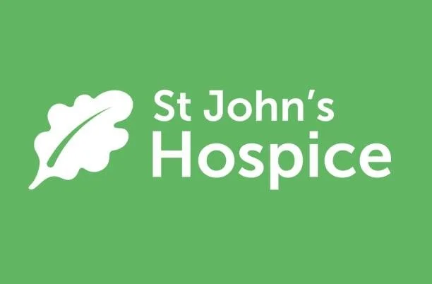 Green background with white text and leaf logo that reads 'St John's Hospice'.