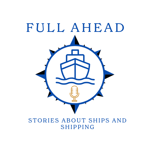 Book cover titled 'Full Ahead: Stories About Ships and Shipping' with a nautical compass and ship illustration, and a microphone icon.
