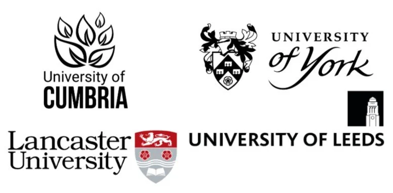 Logos of University of Cumbria, University of York, Lancaster University, University of Leeds, and an emblem with a shield and lions.