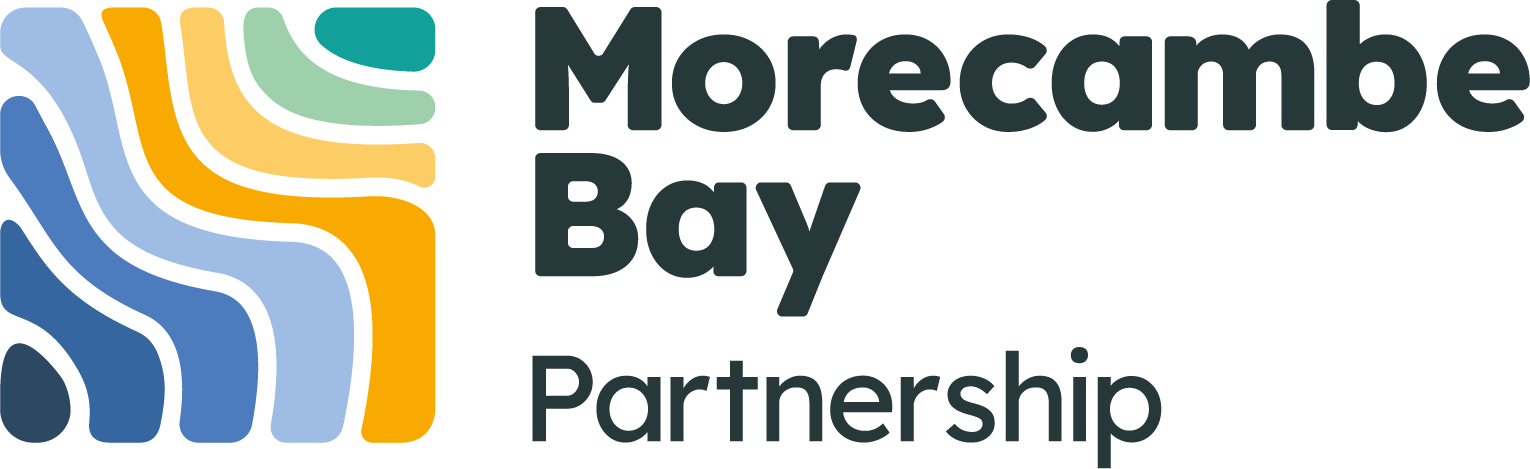 Logo of Morecambe Bay Partnership featuring stylized wave patterns in blue, green, yellow, and black next to the organization's name.