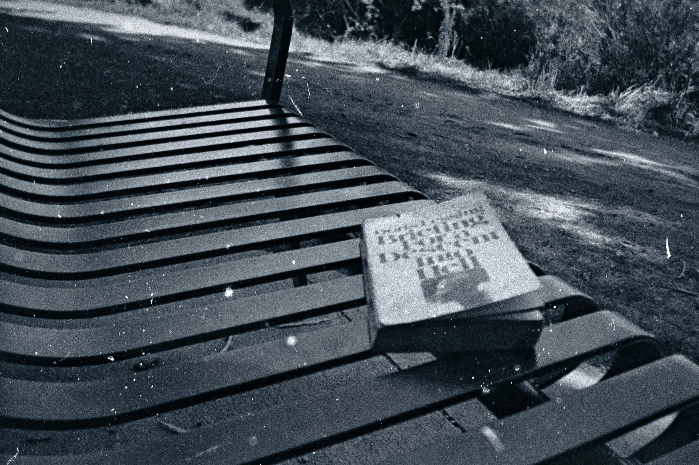 A metal park bench with a cloudy sky reflected in its surface and a book titled Descent Into Hell.