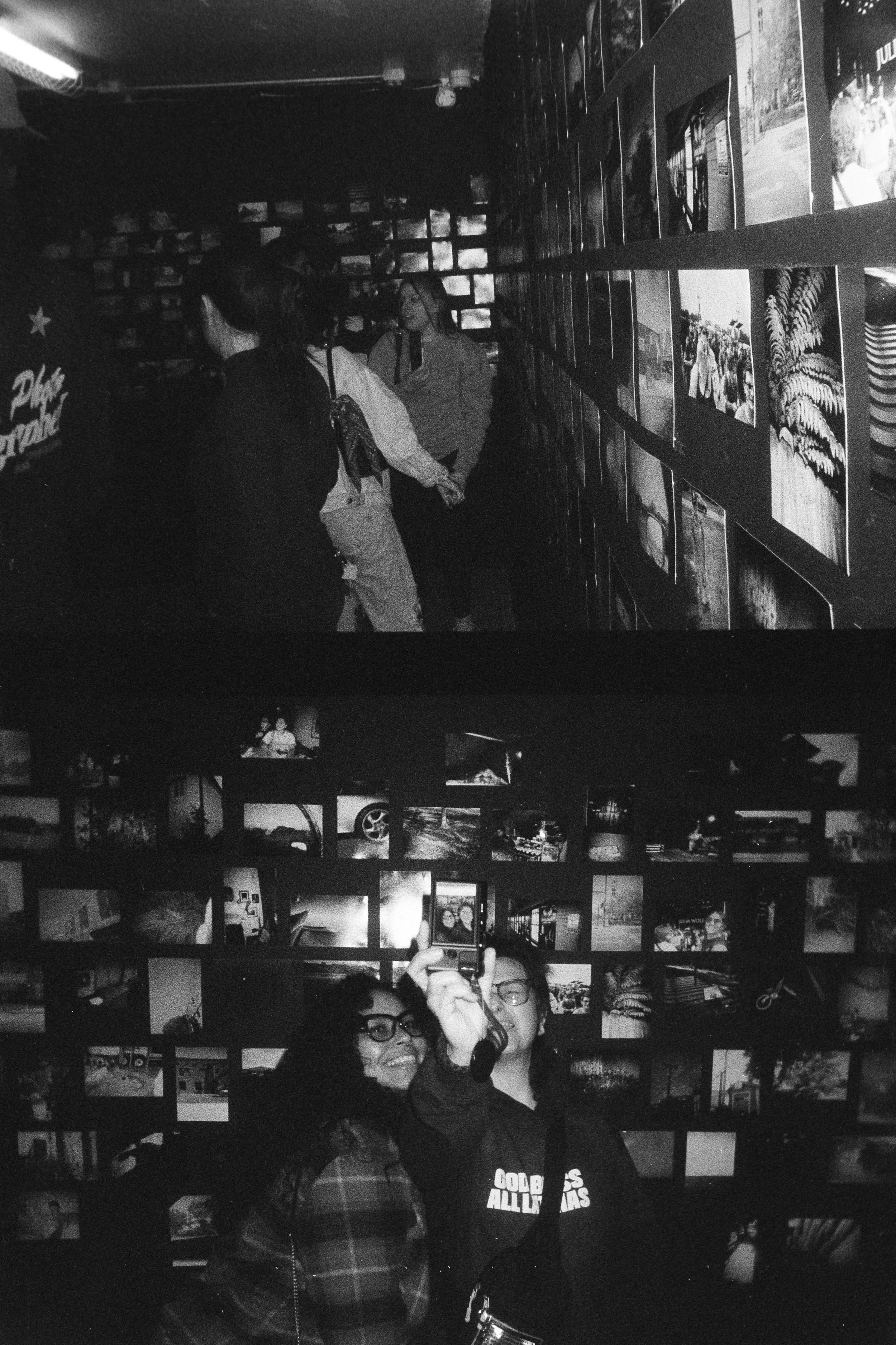 Two photos, one of two women in a gallery with artwork on the walls, and the other of two women taking a selfie in front of a collage of photographs.  Opening show for Collective.Objective