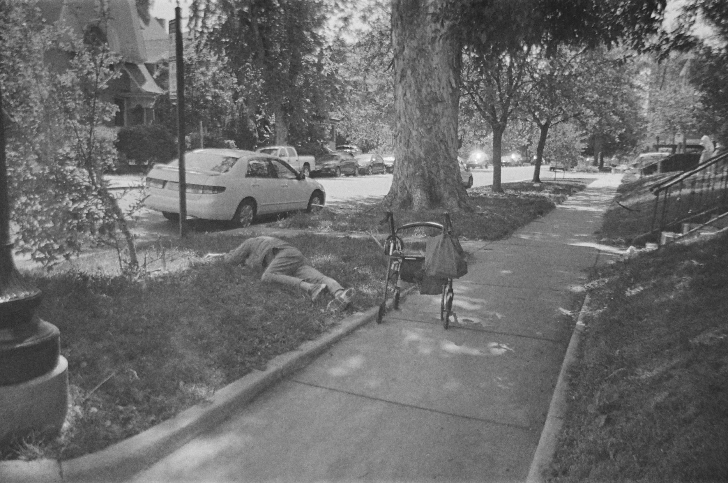 Daytime street scene with parked cars, a large tree, a man lying on the ground, and a walker with bags, on a sidewalk lined with trees and houses.