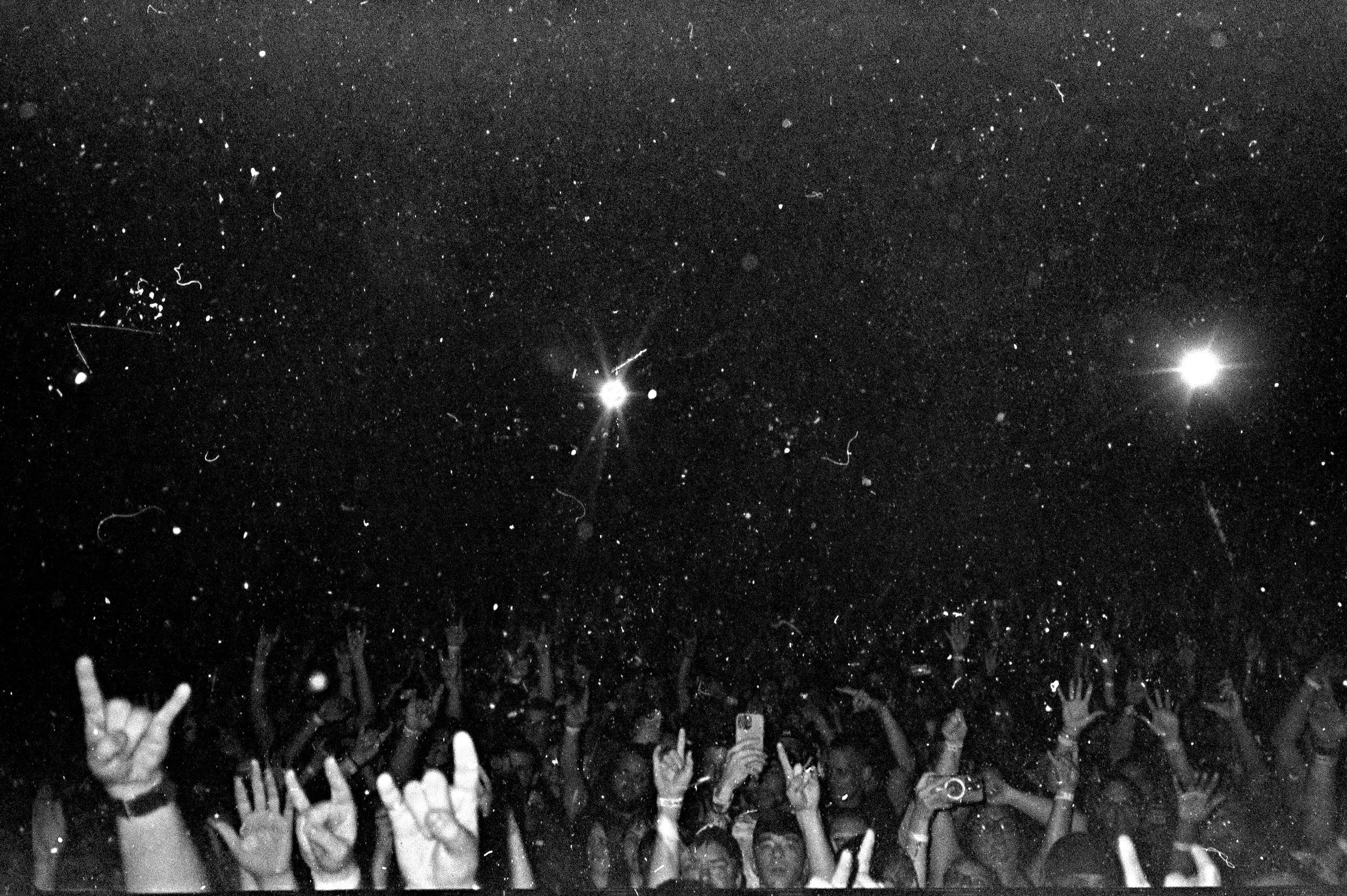 Crowd of people at a concert or event with hands raised, some holding phones or making rock signs, with bright lights and particles in the air in a dark setting. film developed in pig's blood.