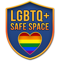 LGBTQ+ safe space badge with rainbow heart