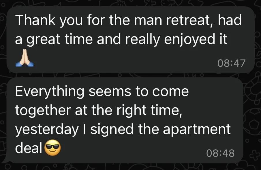Screenshot of a chat conversation with messages expressing gratitude for a kambo retreat and excitement about signing an apartment deal.