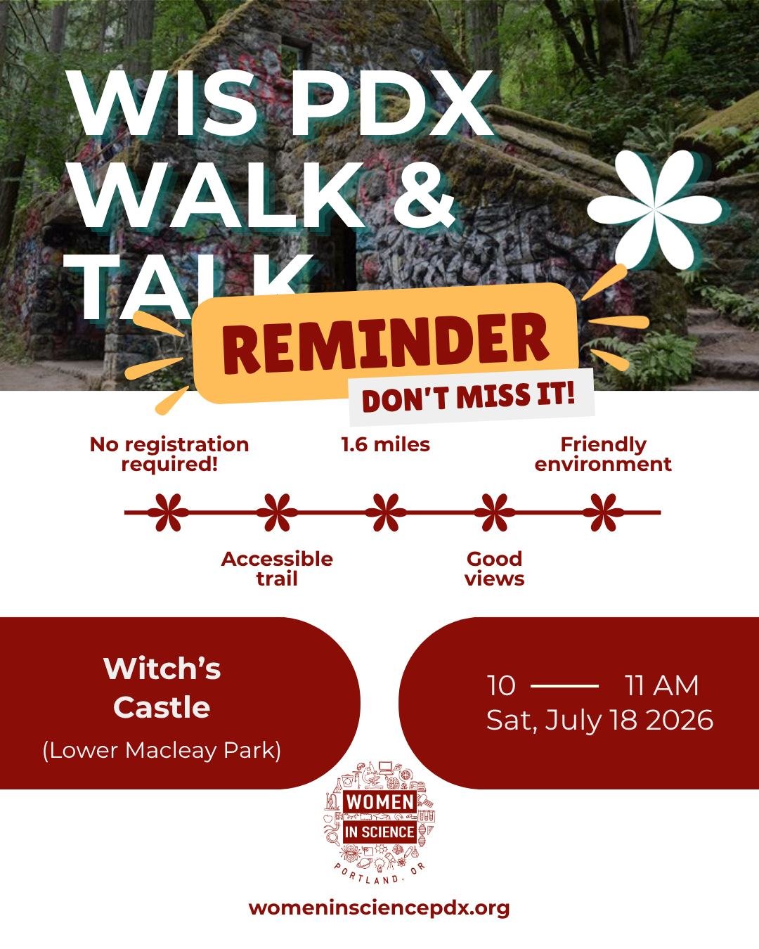 Only 2 more weeks 'til our next community walk. 🥾 

We'll be walkin' and talkin' into the heart of Forest Park, one of the largest urban forests in the country, to visit one of Portland's most magical hidden gems: the Witch's Castle. 🧙 

🗓️ Date: 