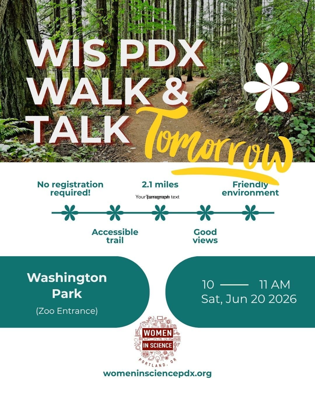 Walk with WIS PDX TOMORROW 6/20 at 10 AM through some of Portland's most beautiful outdoor spaces! We'll meet at the Oregon Zoo main entrance / MAX Station and tackle a 2.1-mile loop through Washington Park &mdash; redwood groves, forest trails, and 