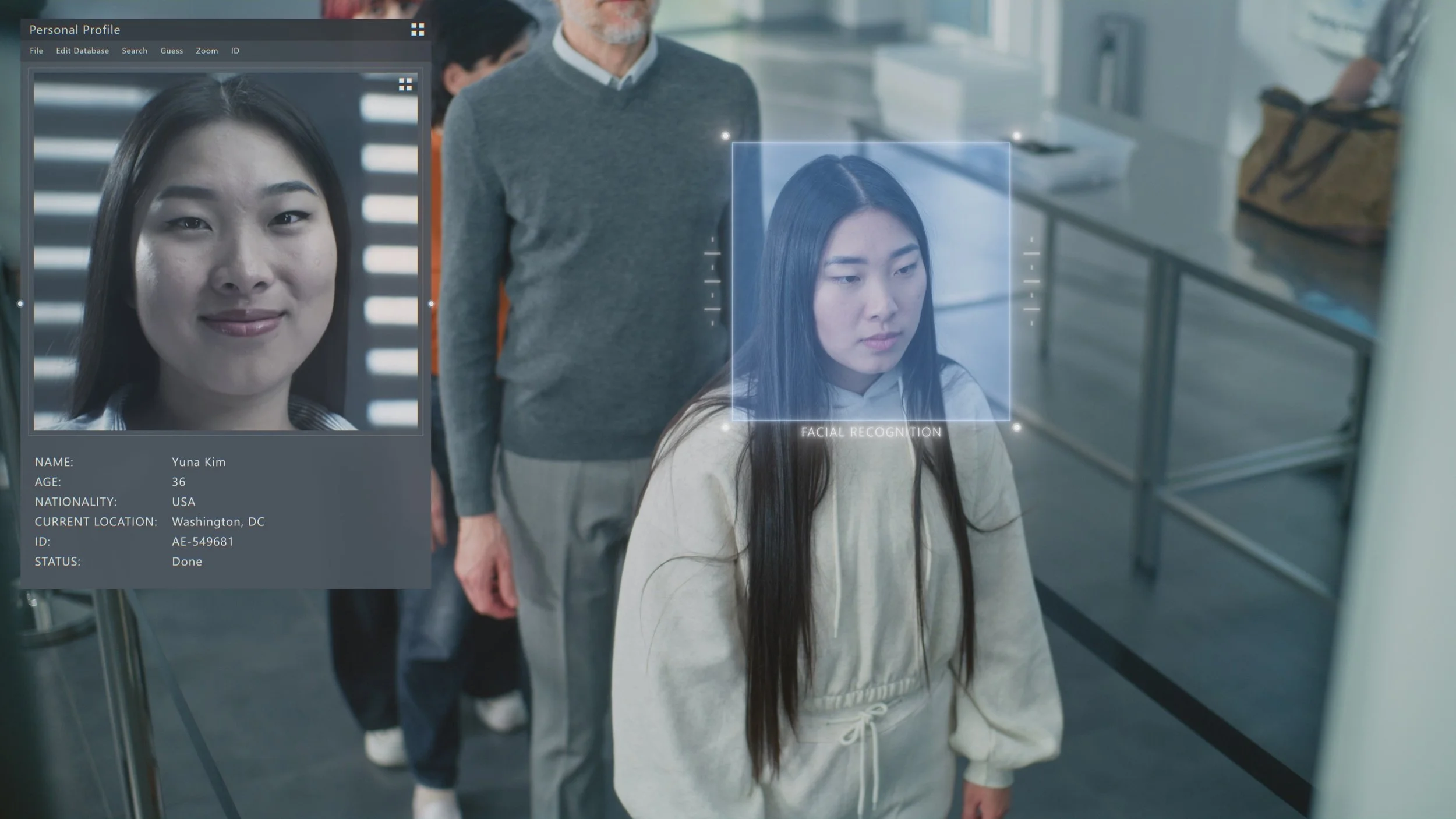 Security Checkpoint: Queue of Diverse Passengers Passing Biometric AI Face Scanning at Border Control in Airport Terminal. Advanced Facial Recognition Technology. People Screening for Boarding Flight.
