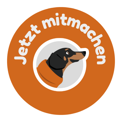 Ein brauner Kreis mit einem Hundekopf in der Mitte und dem Text 'Jetzt mitmachen' rundherum auf Deutsch.