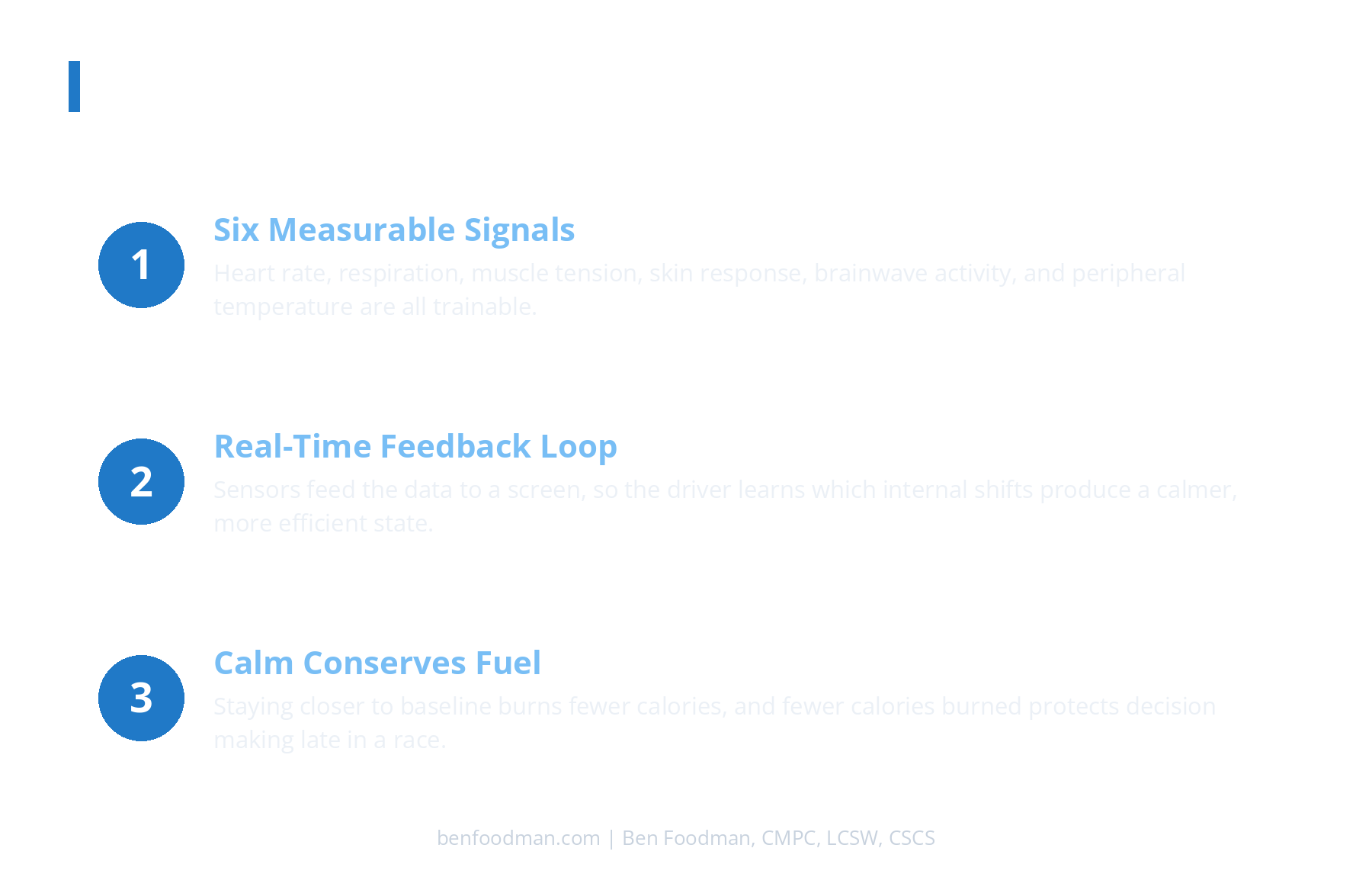 An infographic demonstrating 3 ways racecar drivers use biofeedback to train their brain