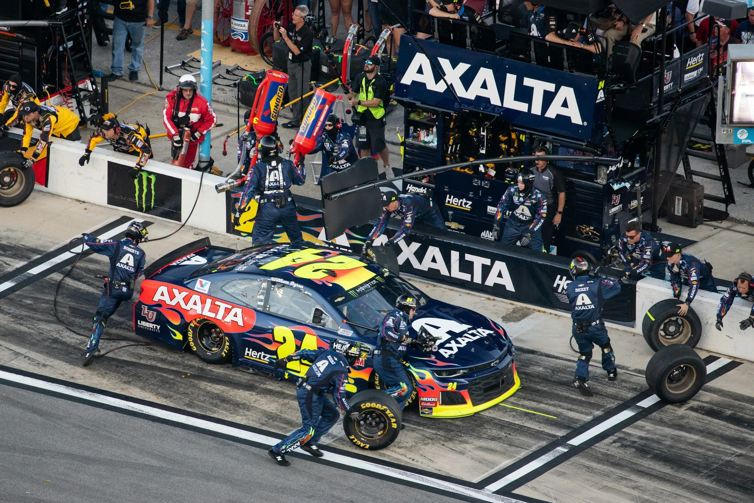A picture of a NASCAR cup car during a pit stop