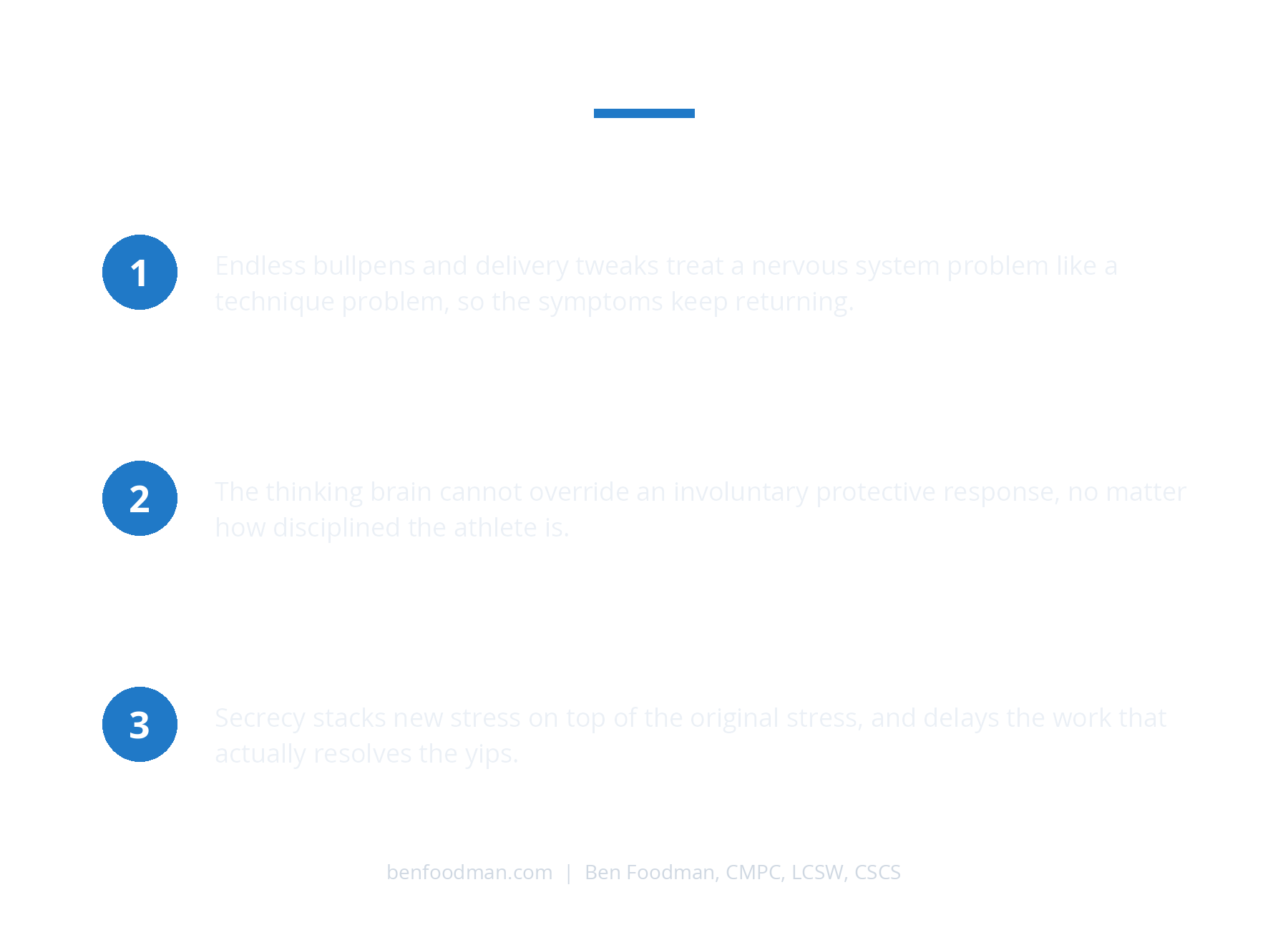 The three ways pitchers usually try to beat the baseball yips, more mechanics changes, positive self-talk, and hiding the symptoms, and why each fails to address the nervous system problem underneath.