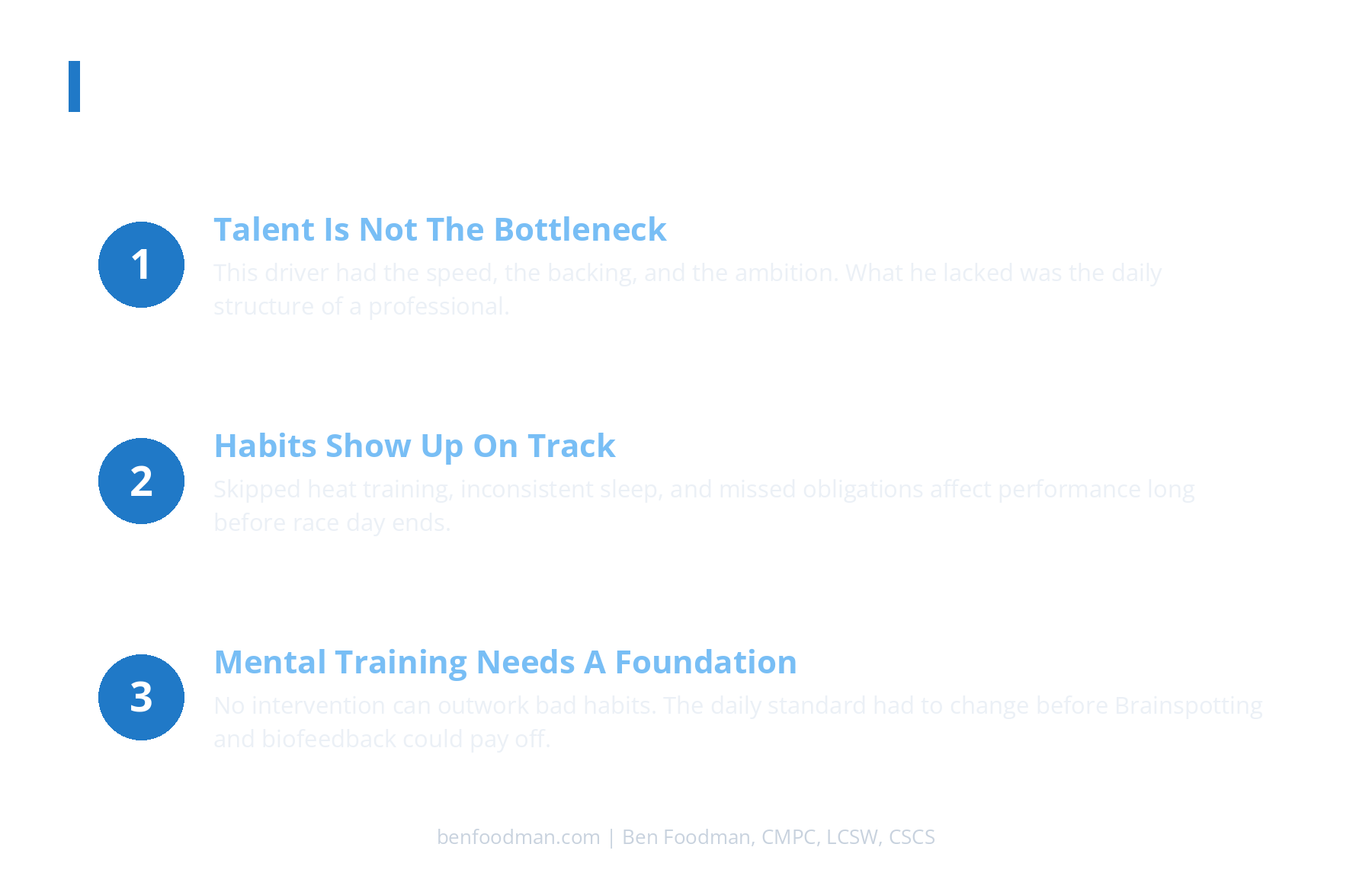 A branded graphic explaining why work ethic comes before mental training for NASCAR drivers, showing that talent is not the bottleneck and habits show up on track.