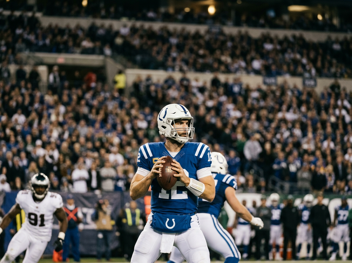 A quarterback scanning the field to make a big play