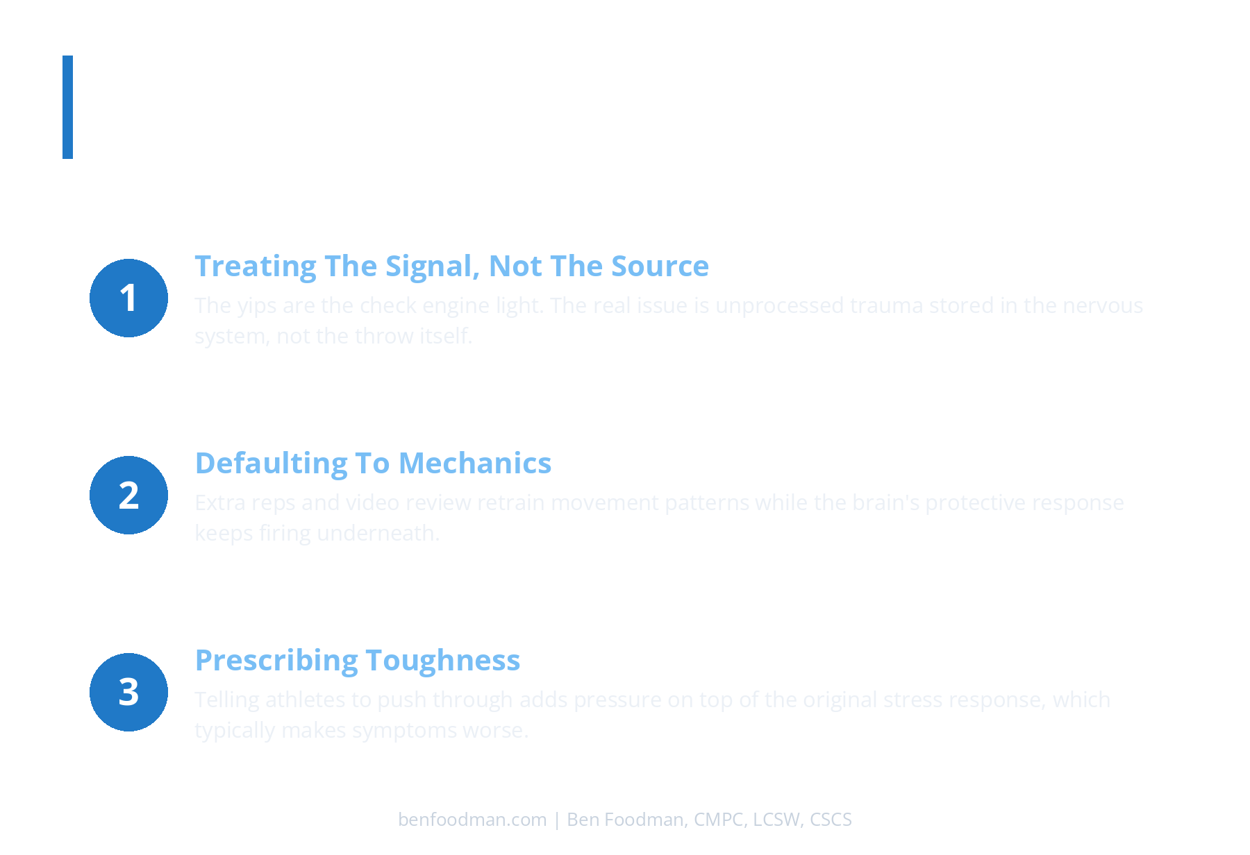A branded graphic listing three things coaches and sport psychologists commonly get wrong about the baseball yips, from treating the signal instead of the source to prescribing toughness.