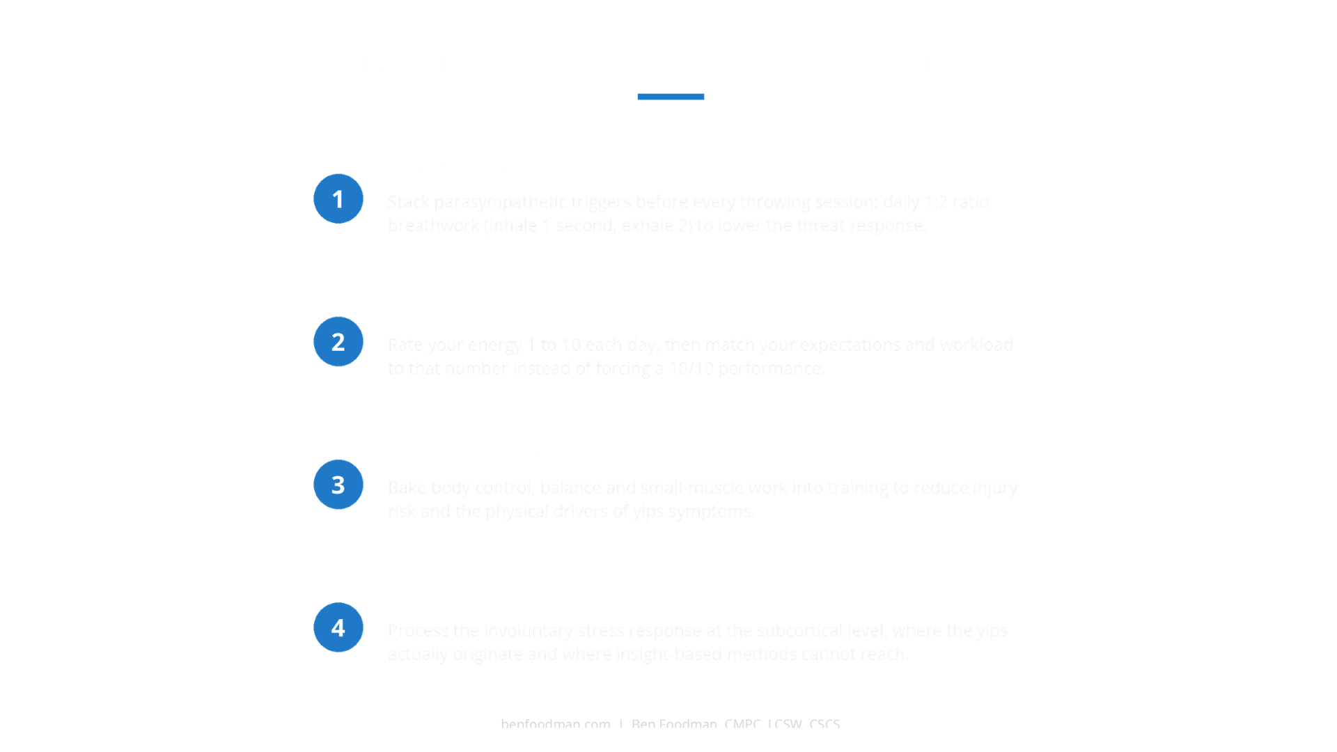 The 4-phase protocol for beating the baseball yips: pre-performance breathwork routine, matching workload to available mental energy, prehab training, and EMDR or Brainspotting to process the involuntary stress response at its subcortical source.