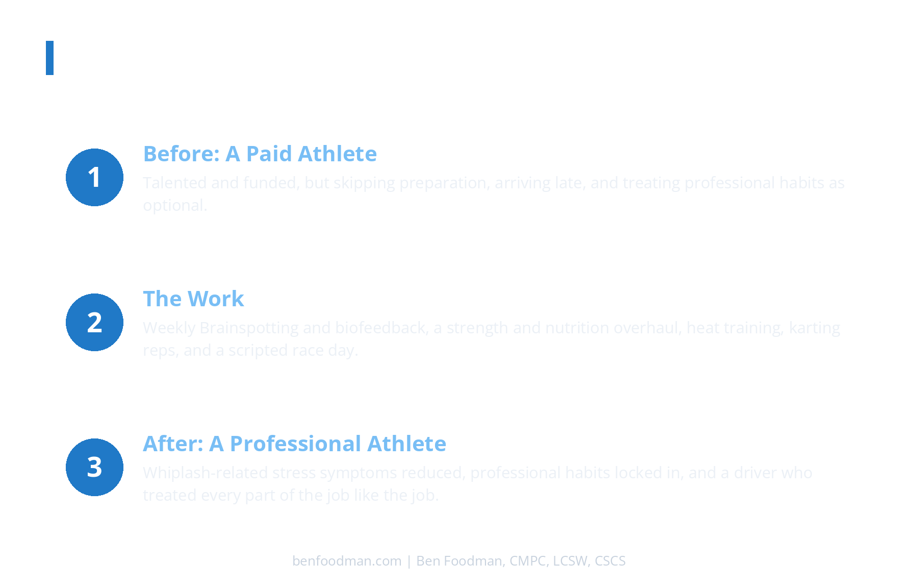 A branded graphic showing a NASCAR driver's transformation from a paid athlete with optional habits to a professional athlete, and the mental training work in between.