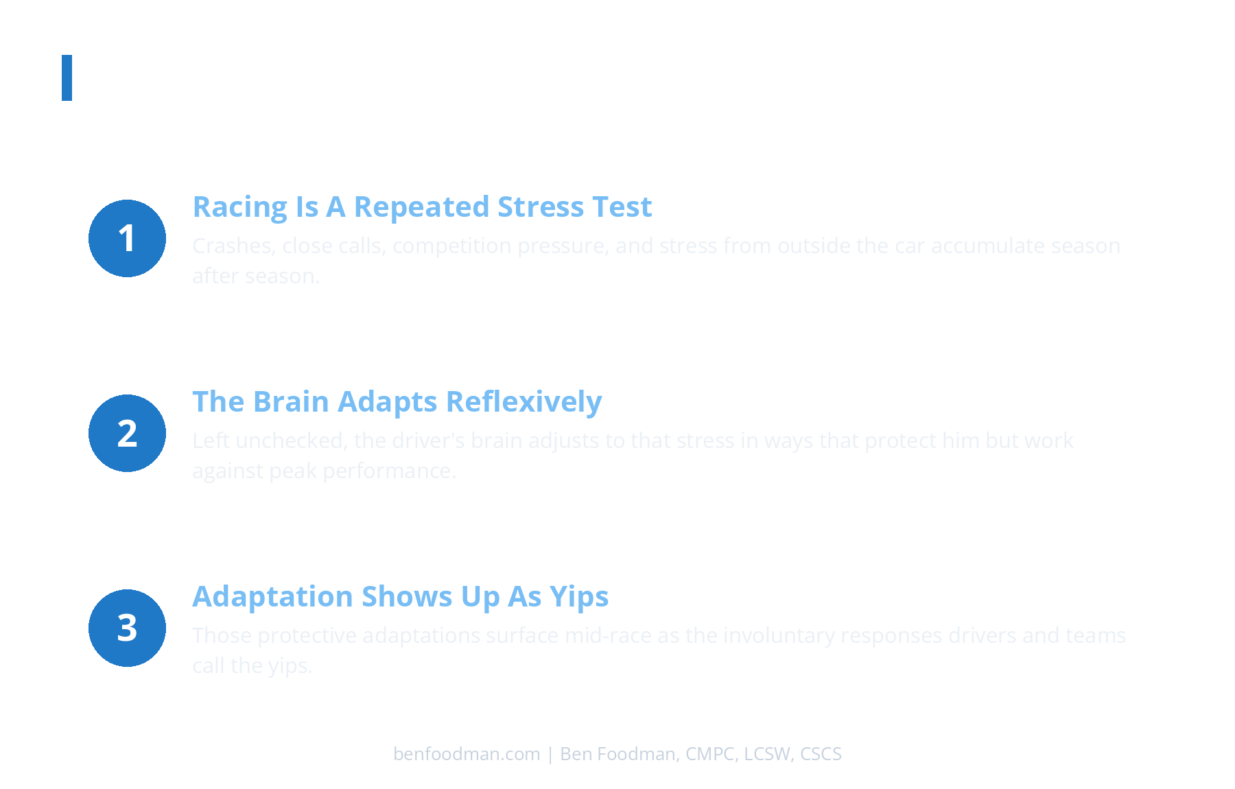 An infographic showing 3 ways the yips impacts professional race car drivers