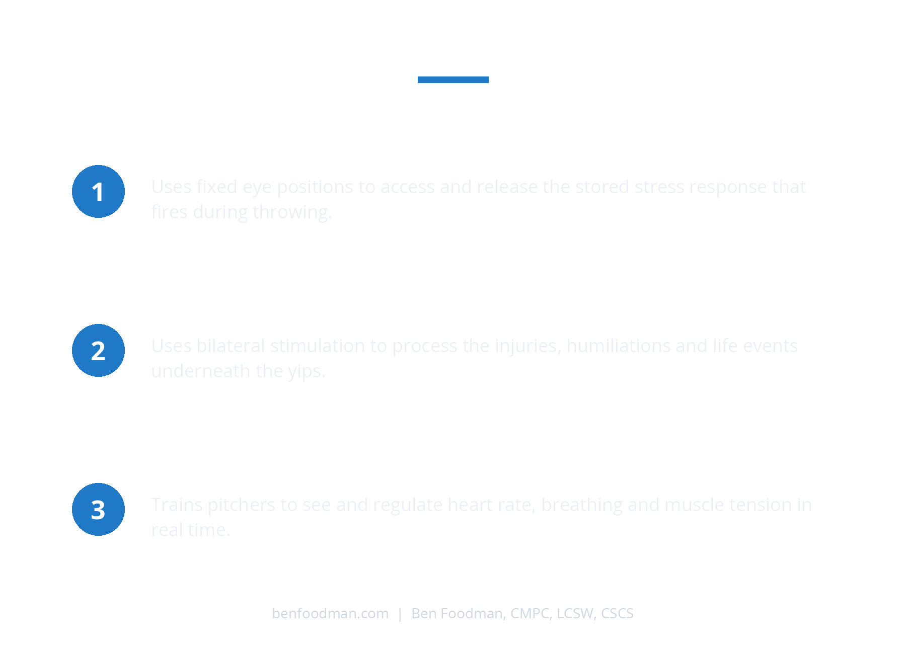 The three interventions that target the baseball yips at the source: Brainspotting to release the stored stress response, EMDR to process what is underneath the yips, and biofeedback to train real-time self-regulation.