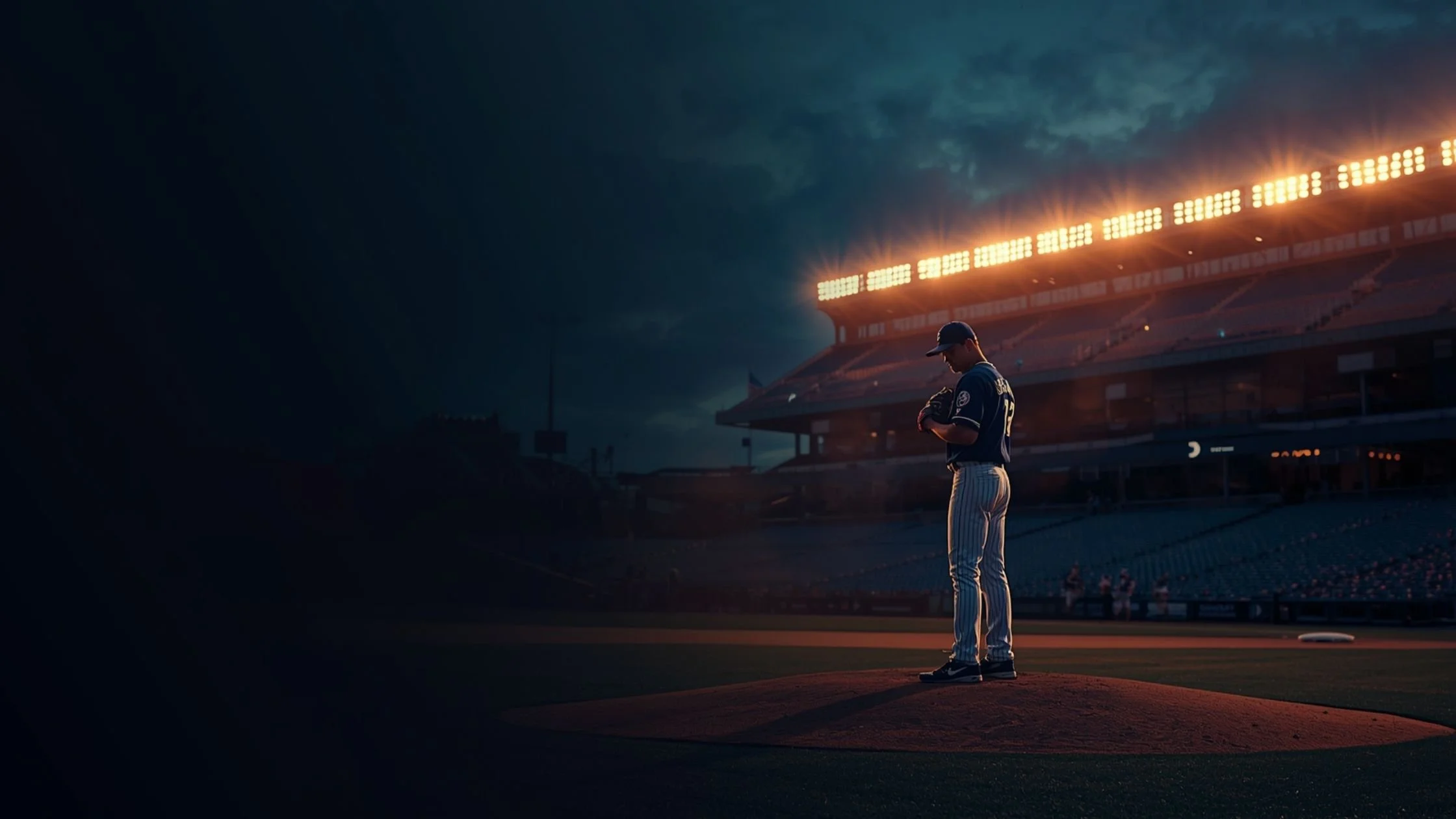 Baseball player in uniform stands on the pitcher's mound at dusk in an empty stadium, illuminated by bright stadium lights.